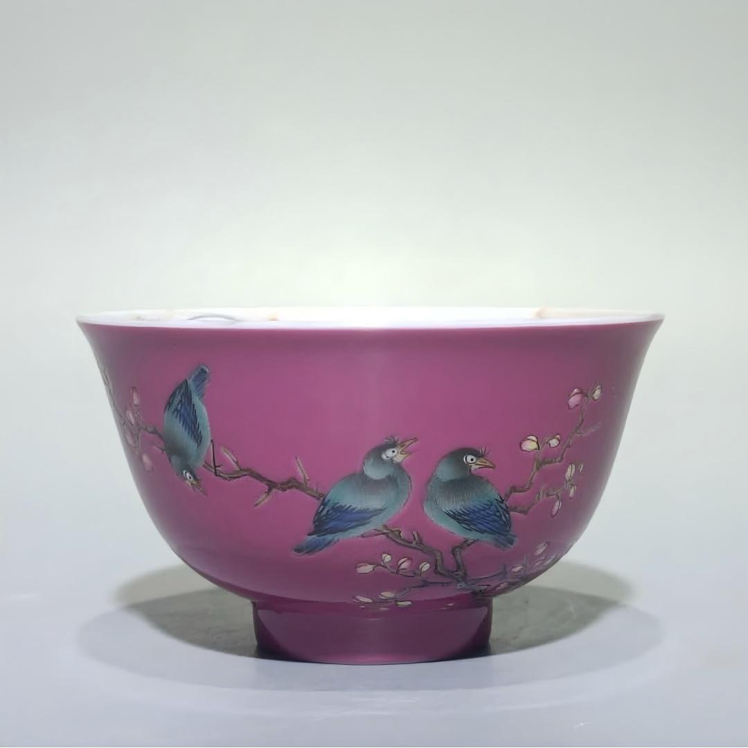 A Qing Qianlong model pastel carmine red ground painted stone pattern flower and bird picture cup (1 of 7)