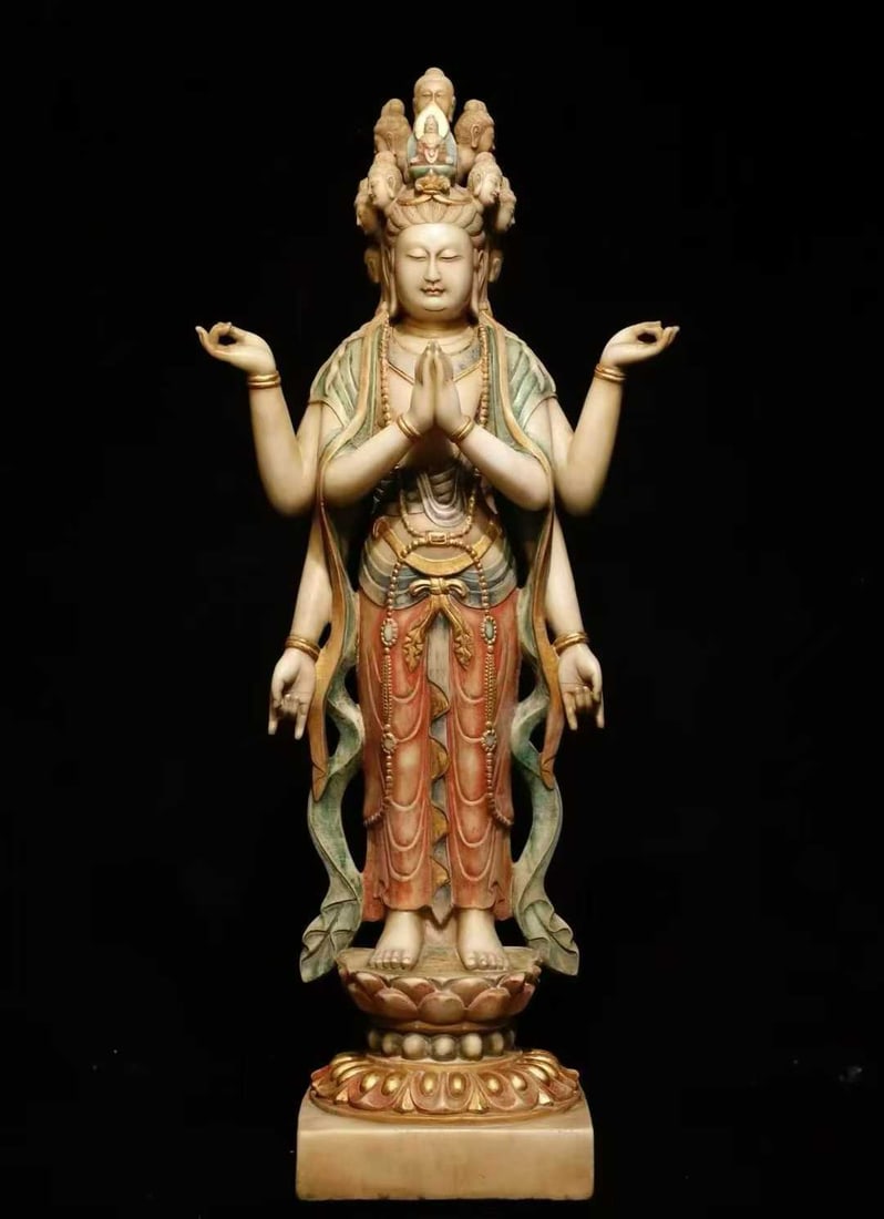 A piece of Tang Dynasty white jade painted eleven-sided double-sided Guanyin: Tang Dynasty white jade painted eleven-sided double-sided Guanyin SIZE: H: 123cm W: 52cm thickness 31cm (The Dimensions Of All Batches Are Manually Measured.If You Need More Detailed Information, Plea