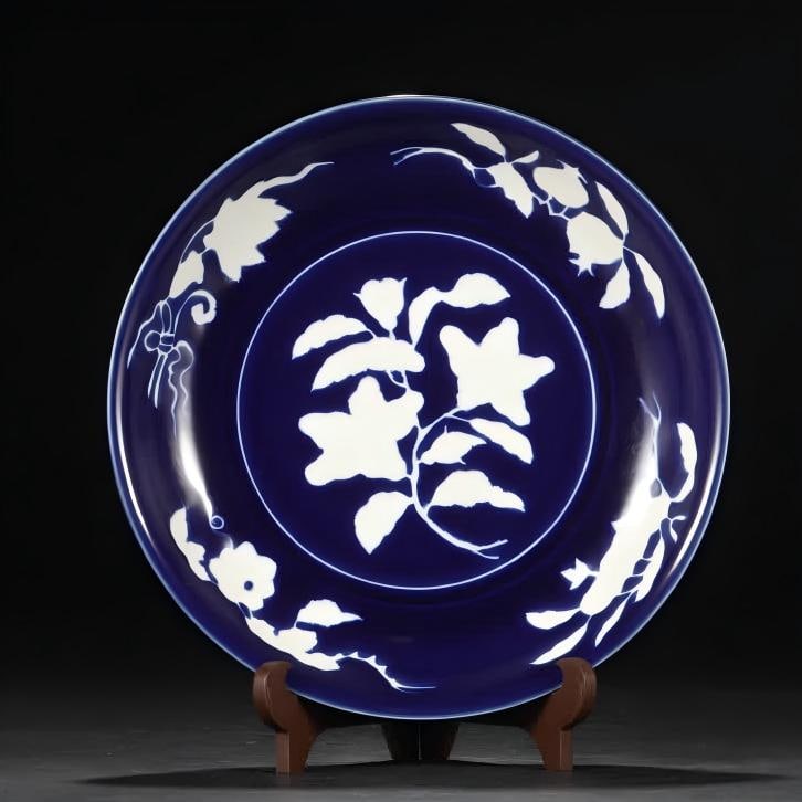 A Ming Dynasty Xuande gemstone blue glaze blank carved folded flower pattern plate: Ming Dynasty Xuande sapphire blue glaze blank cut and cut branch flower pattern plate SIZE: H:5.8cm D:29cm (The Dimensions Of All Batches Are Manually Measured.If You Need More Detailed Information, P