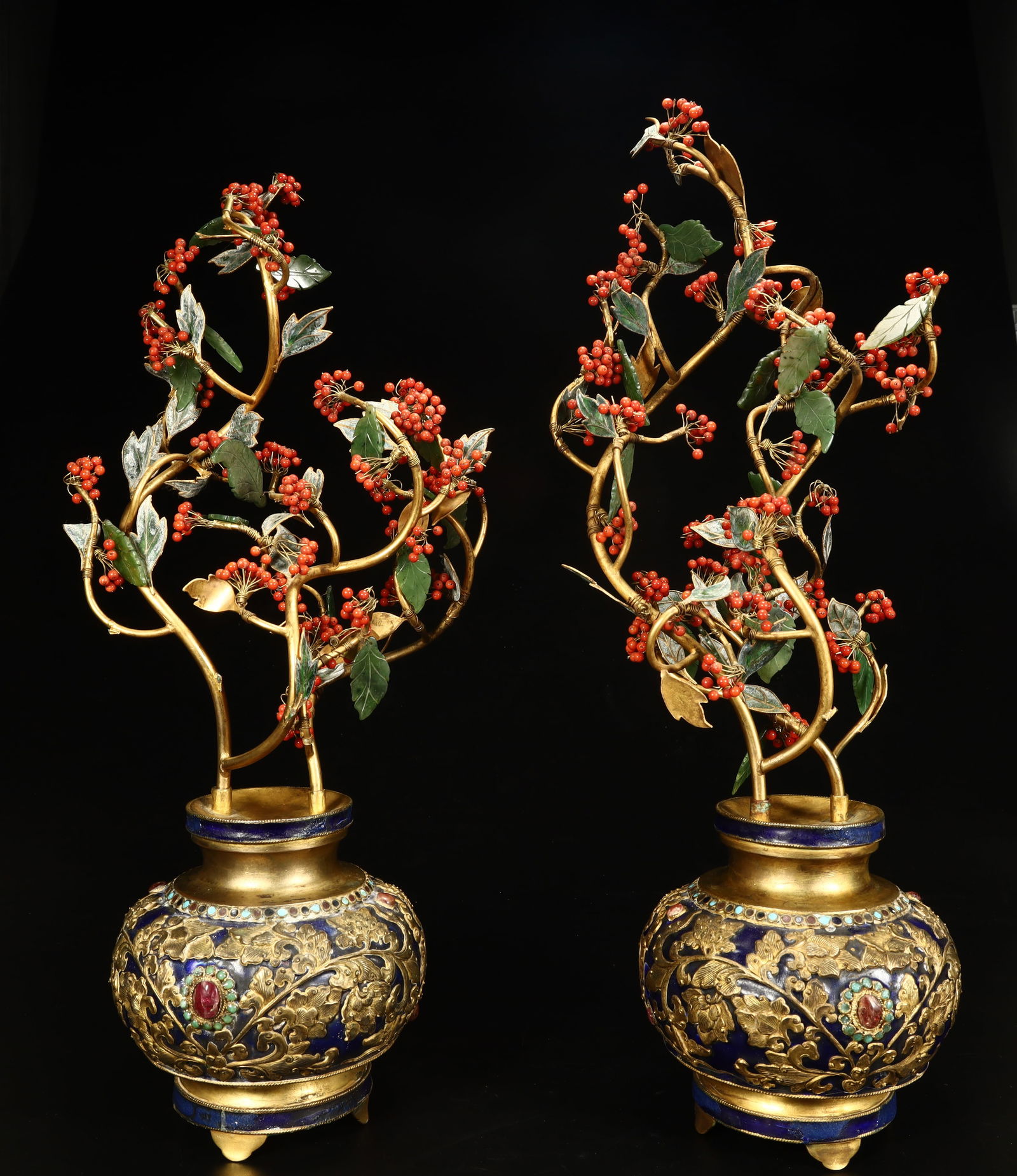 A Qing Dynasty silver-gilt fired blue inlaid treasure flower bonsai ornament: Qing Dynasty silver gilt burnt blue inlaid treasure flower bonsai ornament SIZE: H: 41cm L: 22cm W: 16cm Total W: 1.9kg (The Dimensions Of All Batches Are Manually Measured.If You Need More Detailed I