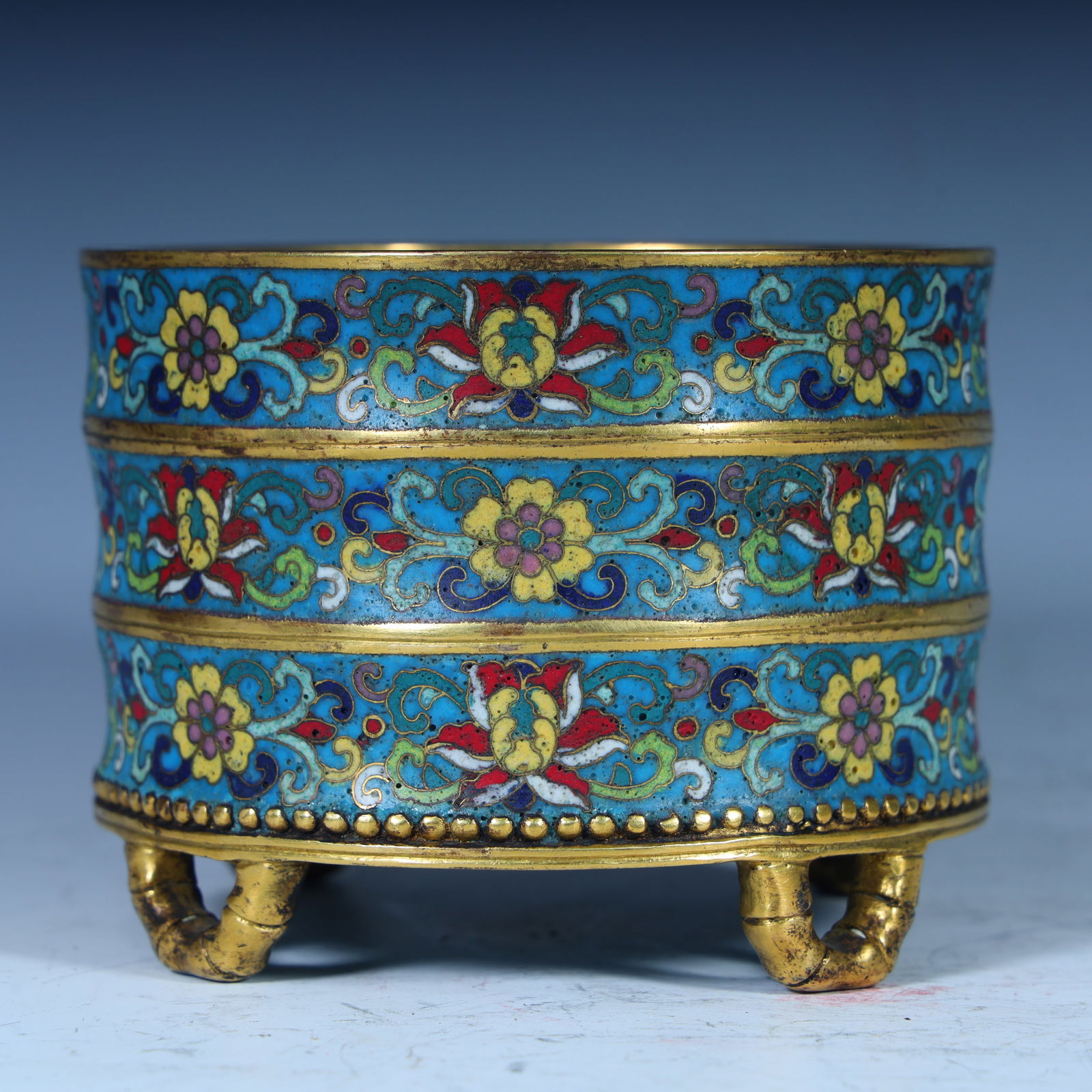 A Qing Dynasty cloisonné enamel floral pattern bamboo knot furnace (1 of 8)