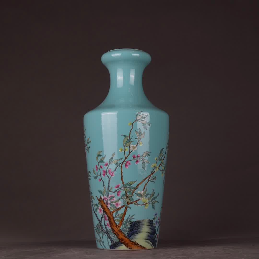 A Qing Yongzheng turquoise green background pastel flower picture poetry vase (1 of 9)