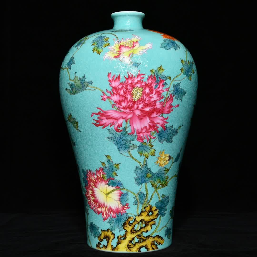 A Qing Yongzheng turquoise glazed pastel poppy pattern plum bottle (1 of 9)