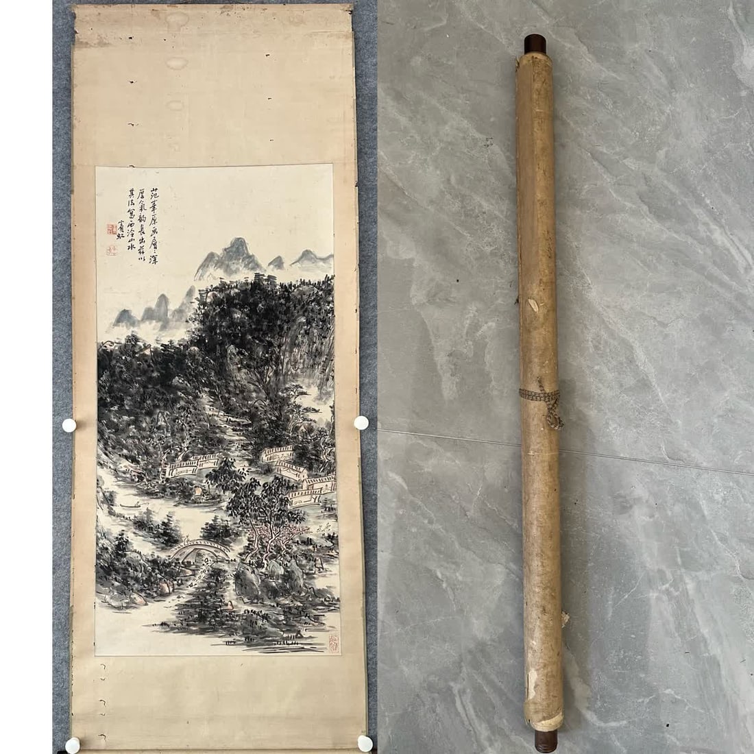 A landscape map of Huang Binhong: Huang Binhong's landscape map SIZE: Core 130x64cm (Old Mounting) (The Dimensions Of All Batches Are Manually Measured.If You Need More Detailed Information, Please Contact Our Customer Service Before