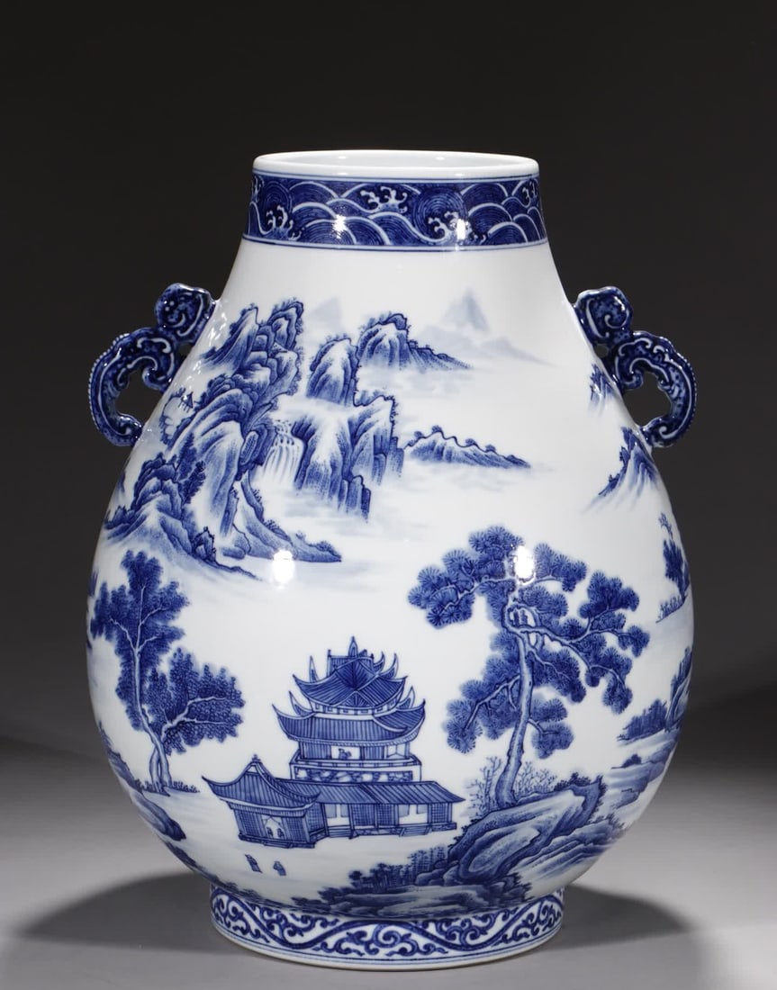 A Qing Qianlong blue and white landscape map pavilion amphora (1 of 9)