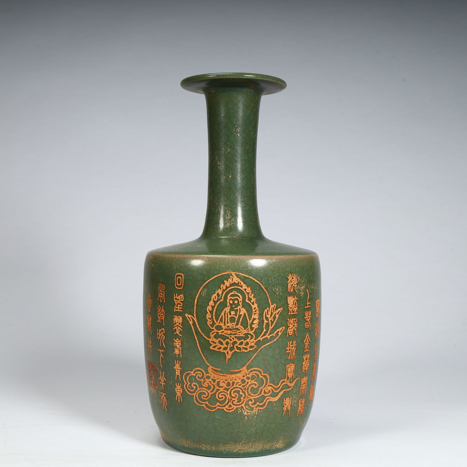 A Song Dynasty celadon gold-painted Buddha pattern poetry long neck bottle (1 of 10)