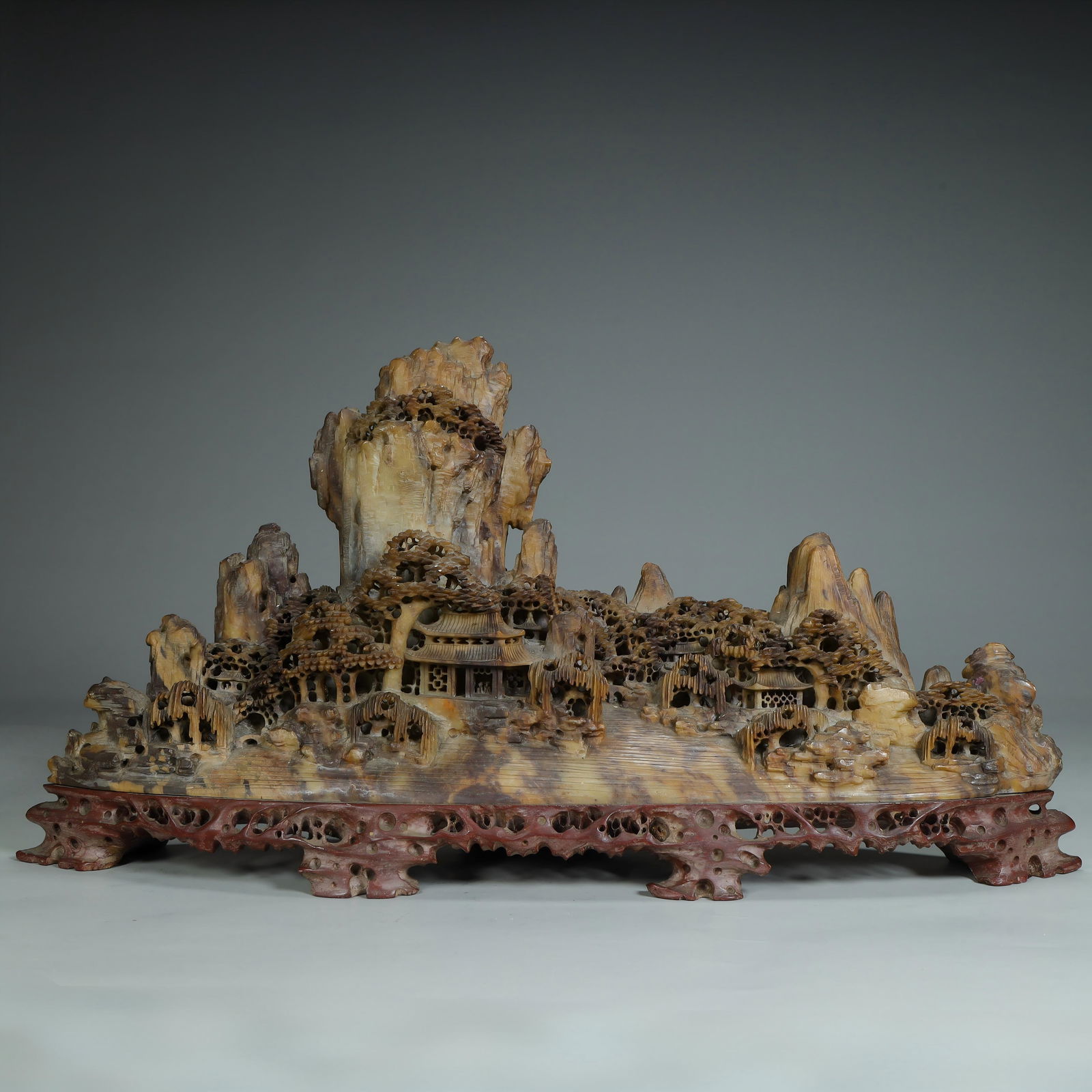 A Qingtian stone landscape pavilion mountain ornament: Qingtian stone landscape water pavilion mountain ornament SIZE: H: 21cm L: 40cm No W: Data, W: 4.5kg (The Dimensions Of All Batches Are Manually Measured.If You Need More Detailed Information, Please