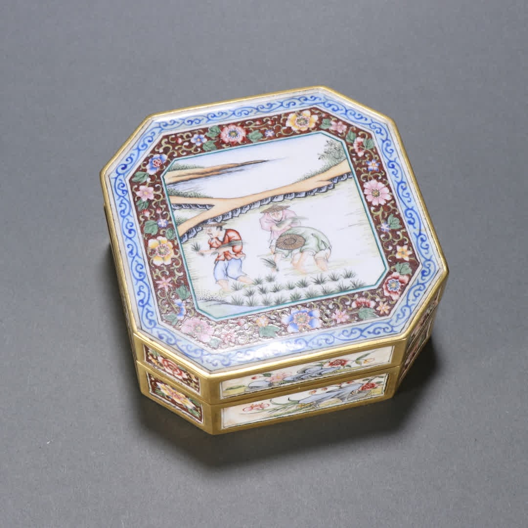 A Qing Dynasty copper gilt painting enamel character picture story cover box (1 of 9)