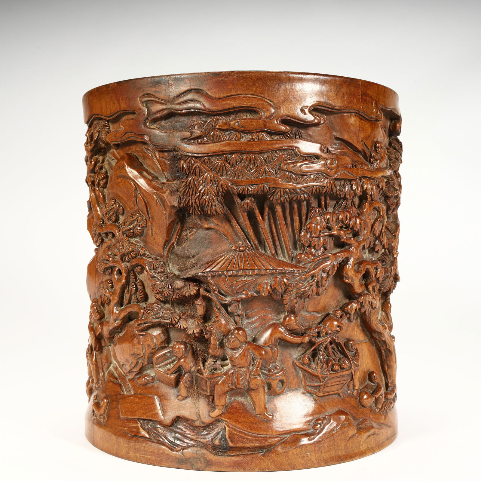 A Qing Dynasty boxwood carved landscape character pattern pen holder: Qing Dynasty boxwood carving landscape character pattern pen holder SIZE: H:17.5cm L:16.5cm W:16.5cm W:1540g (The Dimensions Of All Batches Are Manually Measured.If You Need More Detailed Information,
