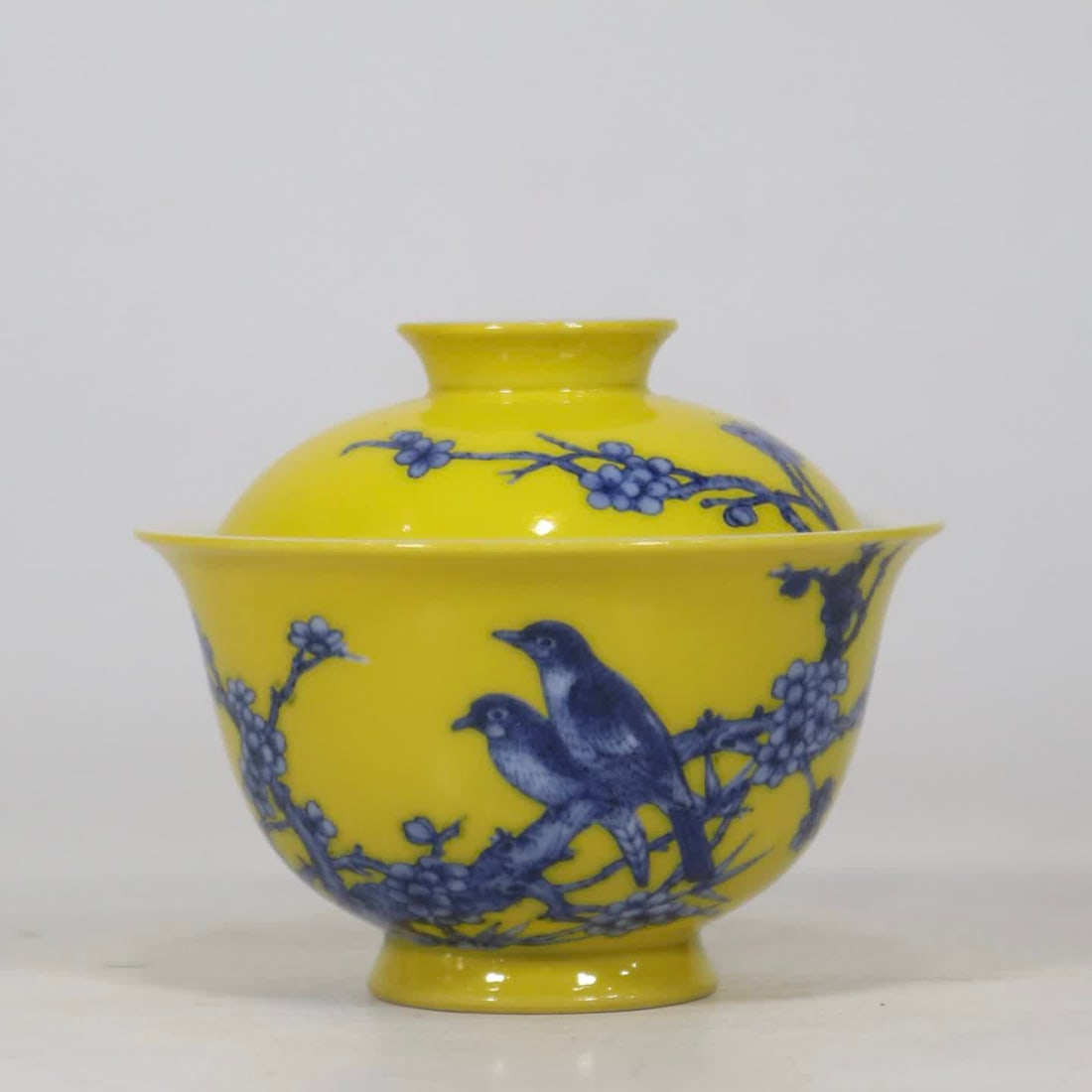 A cover bowl with a yellow background blue and white flower and bird picture made in the Qing (1 of 9)