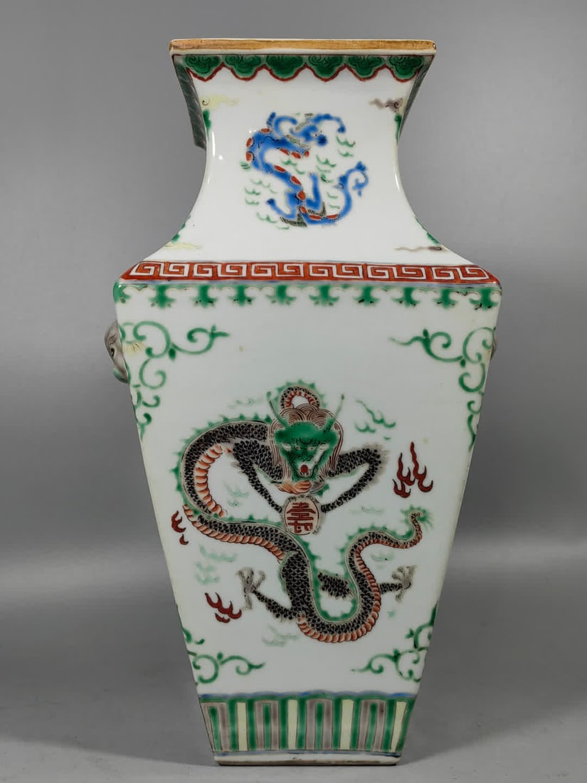 A Qing Dynasty colorful square animal ear dragon and phoenix vase: Qing Dynasty colorful square beast ear dragon and phoenix vase SIZE: H:30.6cm W:20.5cm (The Dimensions Of All Batches Are Manually Measured.If You Need More Detailed Information, Please Contact Our Cu