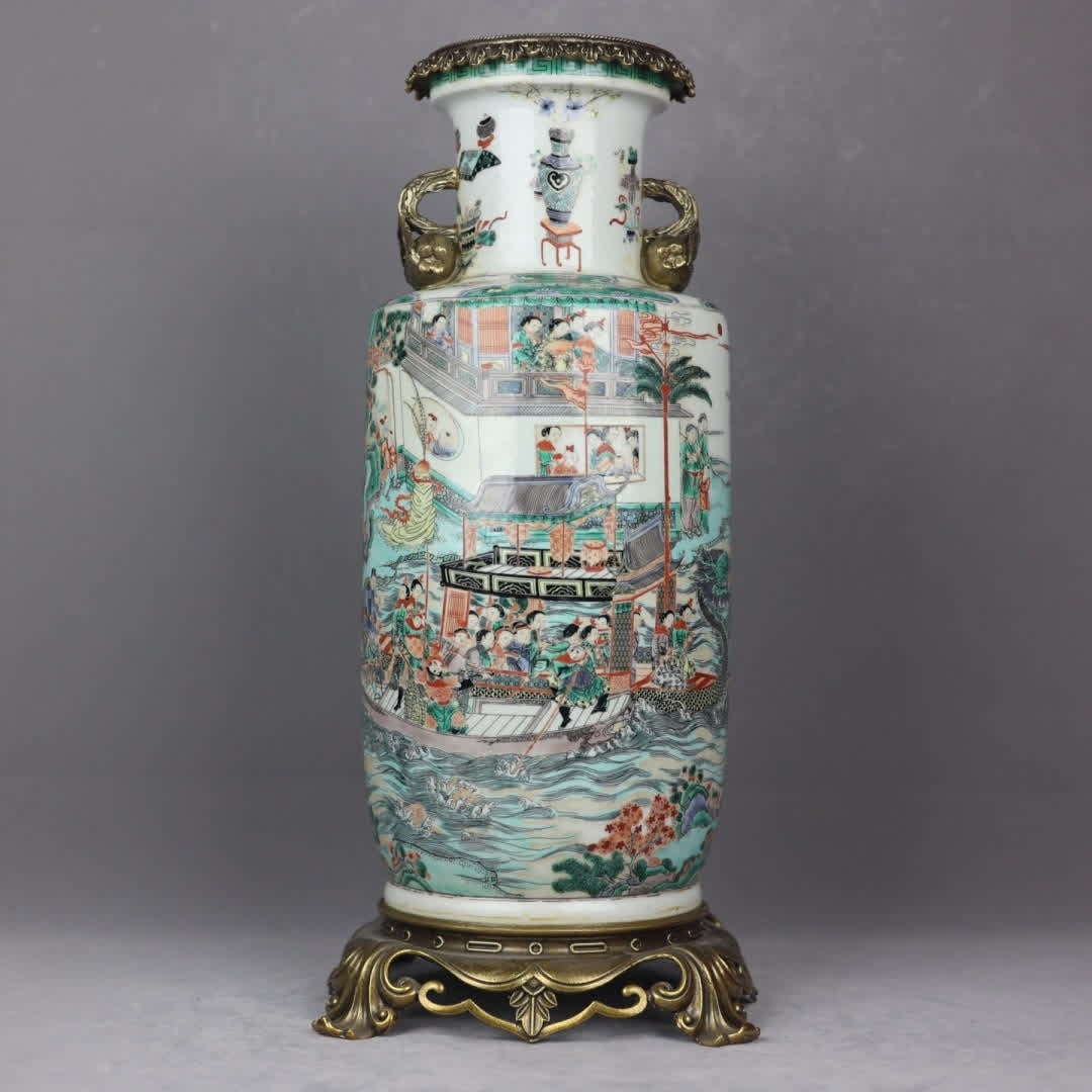 A copper-inlaid porcelain "Colorful Character Picture Story Pattern" dragon ear mallet bottle (1 of 9)