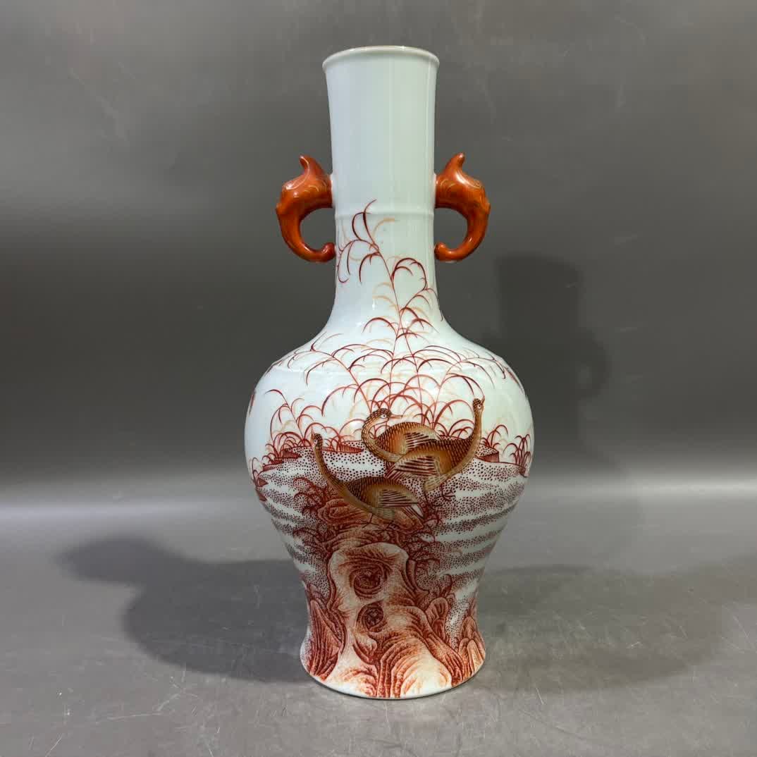 A Qing Qianlong alum red grass flower goose elephant ear vase: Qing Qianlong alum red grass flower goose elephant ear vase SIZE: H:33cm W:13cm (The Dimensions Of All Batches Are Manually Measured.If You Need More Detailed Information, Please Contact Our Customer
