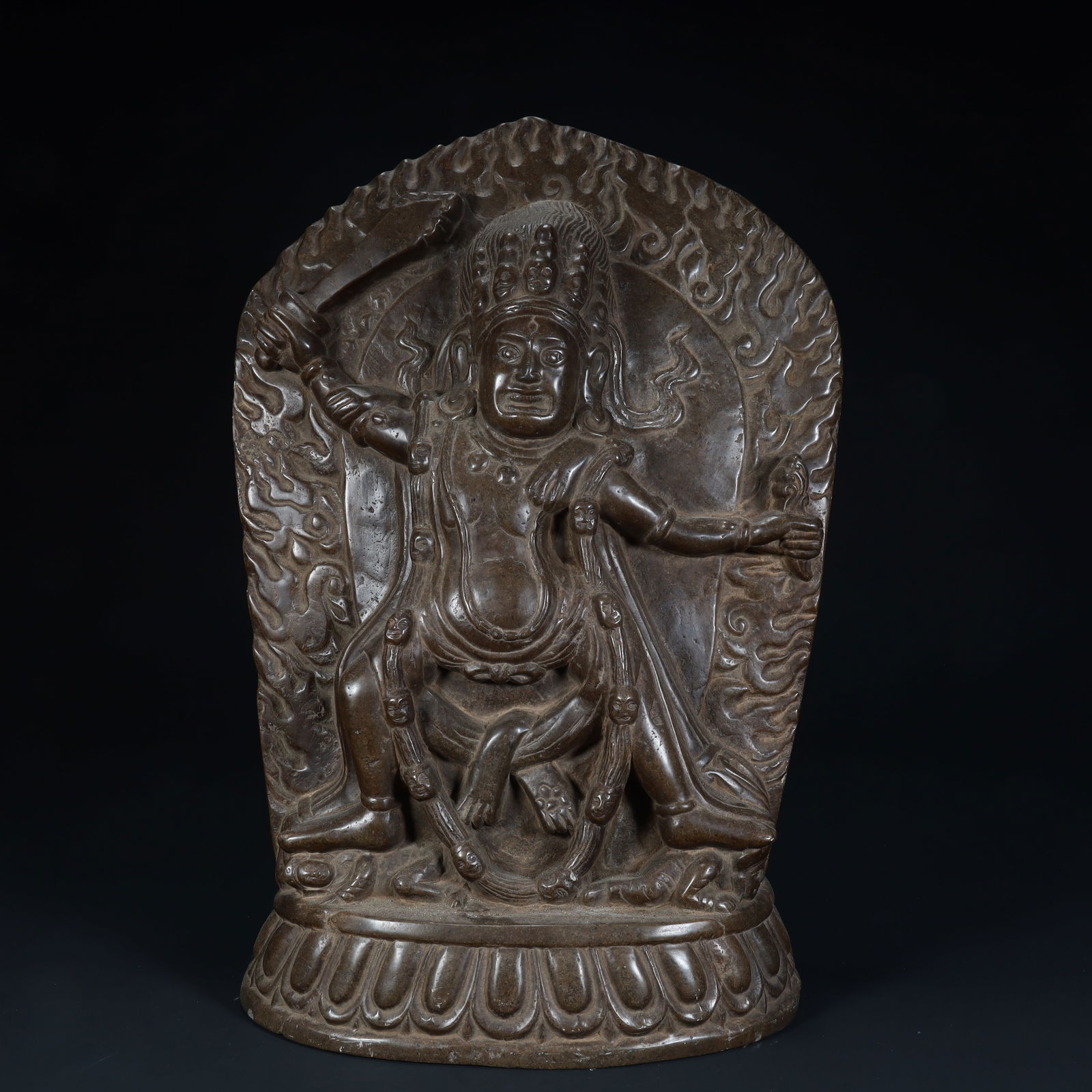 A Qing Dynasty stone "Fudo Ming King" statue: Qing Dynasty stone "Fudo Ming King" statue SIZE: H:51cm L:35cm W:11cm W:22.5kg (The Dimensions Of All Batches Are Manually Measured.If You Need More Detailed Information, Please Contact Our Customer S