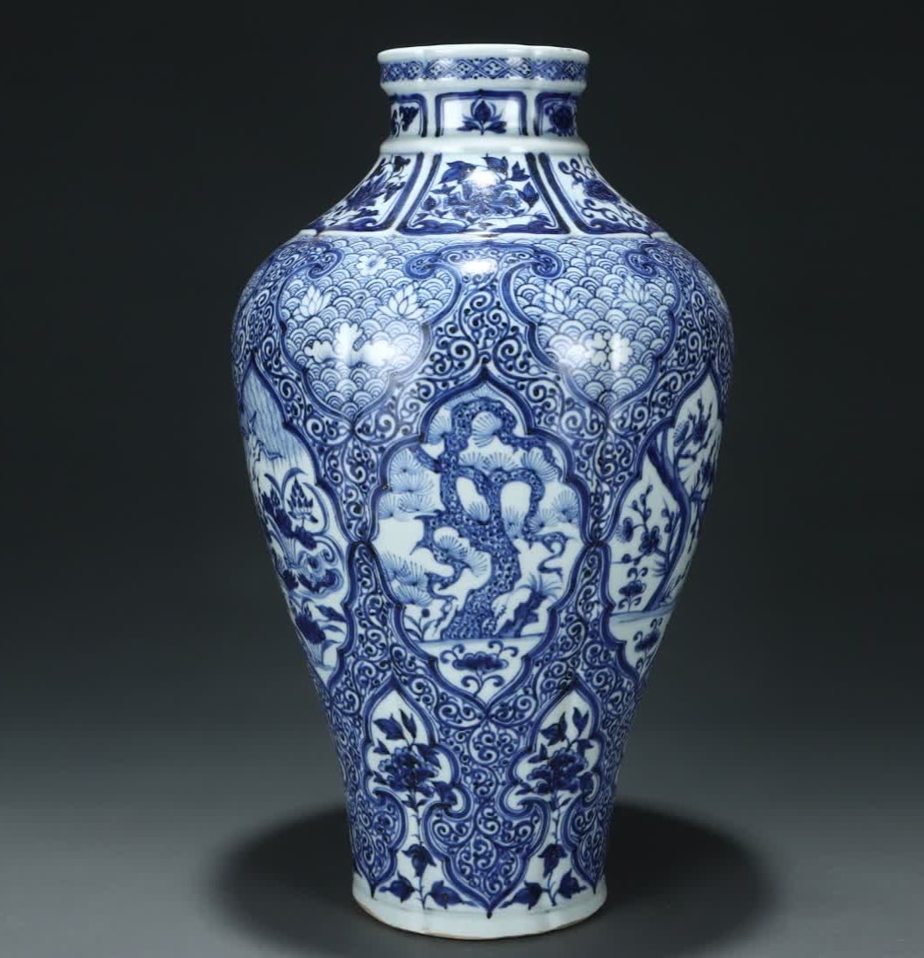 A Yuan Dynasty blue and white hexagonal consecrated flower and bird pattern plum vase (1 of 9)