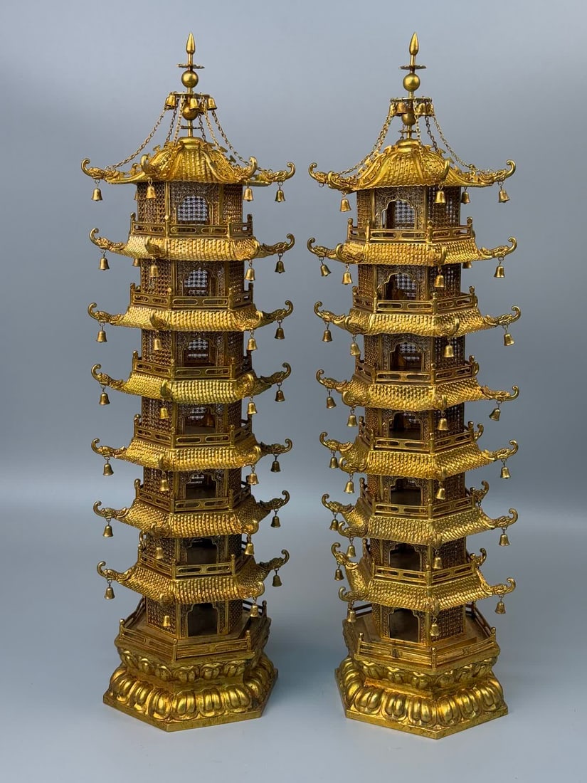 A pair of Qing Dynasty cloisonné openwork pagodas: A pair of cloisonné hollow pagodas in the Qing Dynasty SIZE: H:61cm W:18cm W:5955g (The Dimensions Of All Batches Are Manually Measured.If You Need More Detailed Information, Please Contact Our Custo