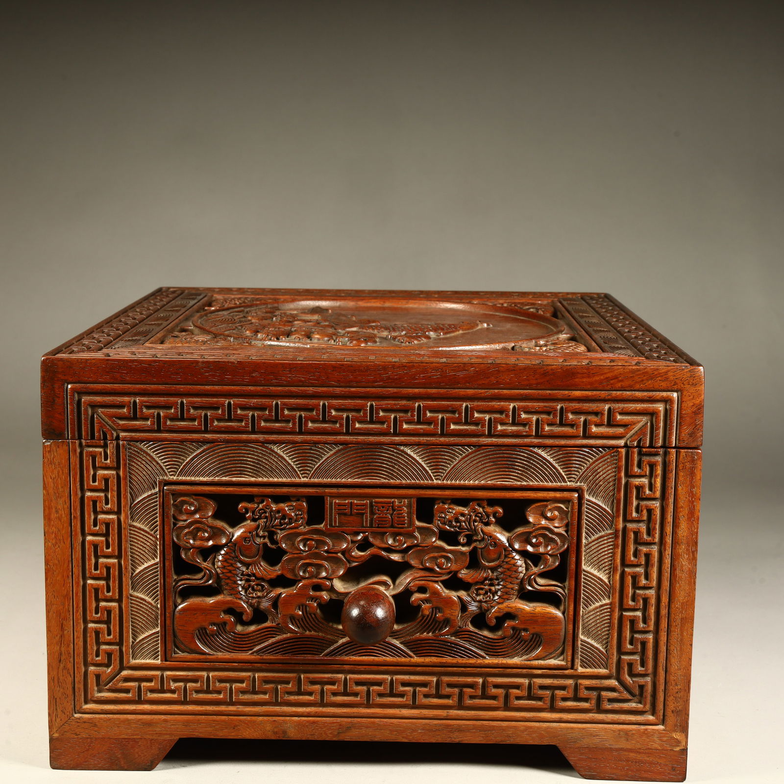 A mahogany carved fish leaping dragon door pattern drawer lid box: Mahogany carved fish leaping dragon door pattern drawer lid box SIZE: H:18cm L:27cm W:27cm W:3.6kg (The Dimensions Of All Batches Are Manually Measured.If You Need More Detailed Information, Please Co