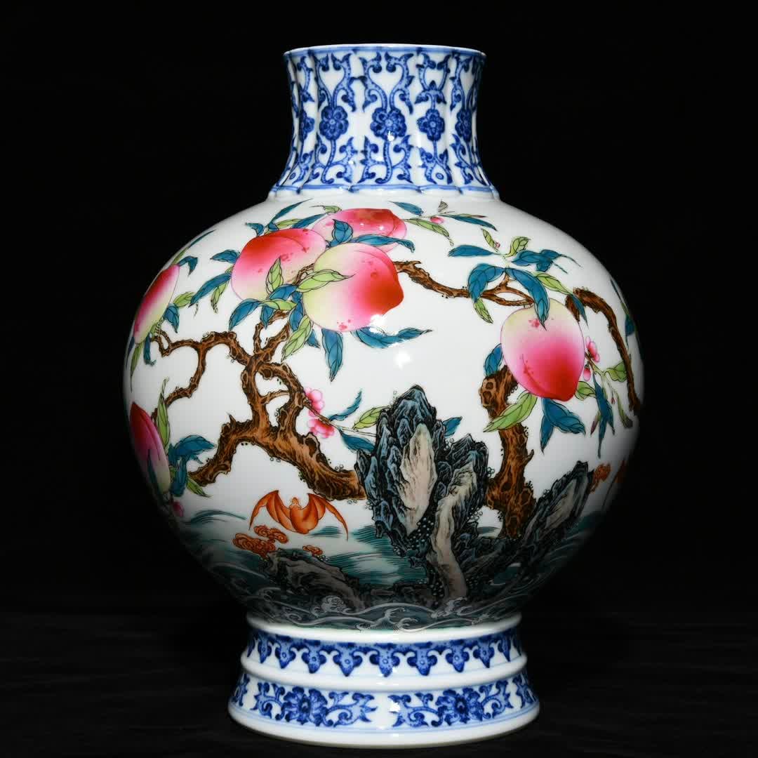 A Qing Qianlong blue powder color Fushan Shouhai pattern melon edge bottle (1 of 9)