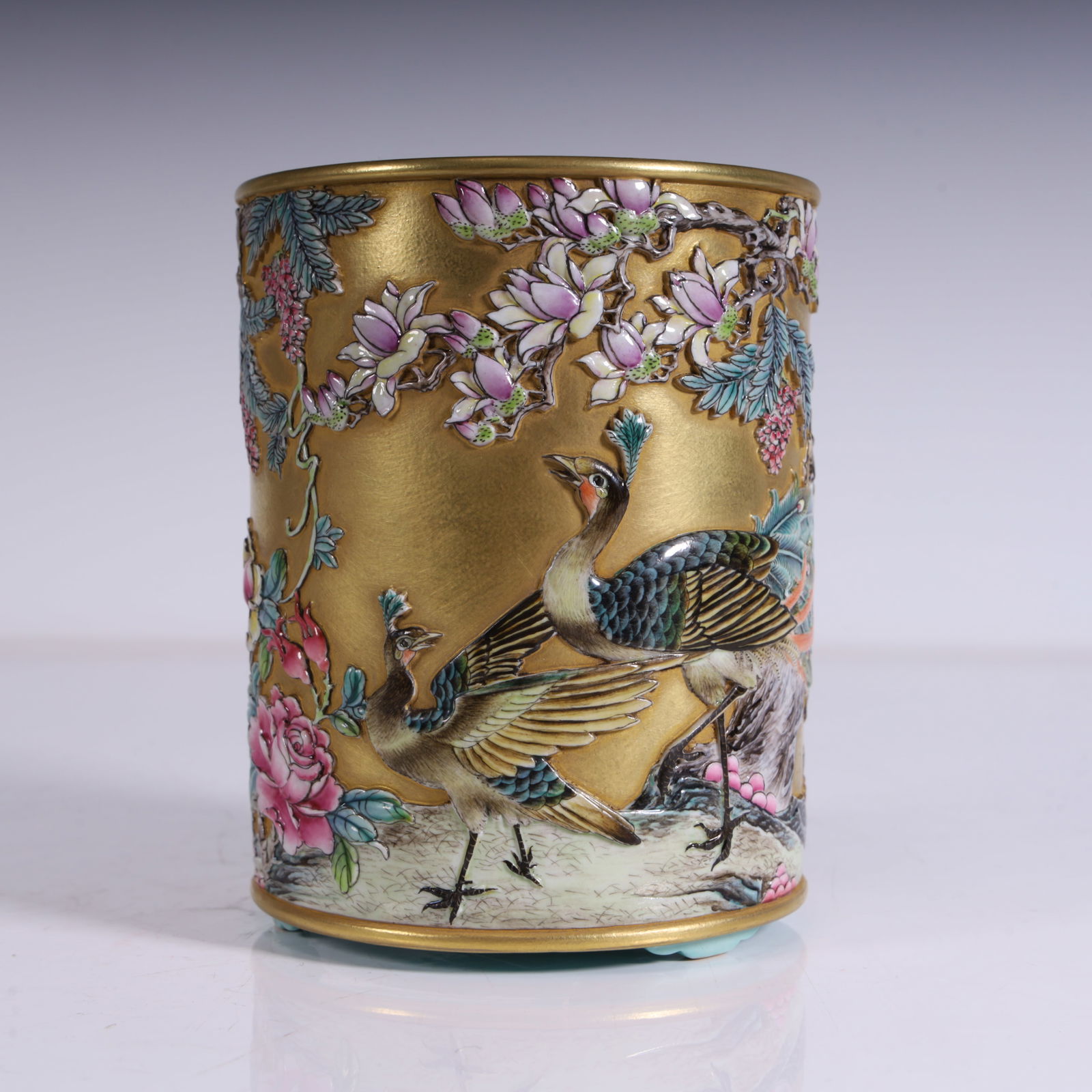 A Qinglong dry enamel carved gold ground peacock pen holder (1 of 14)