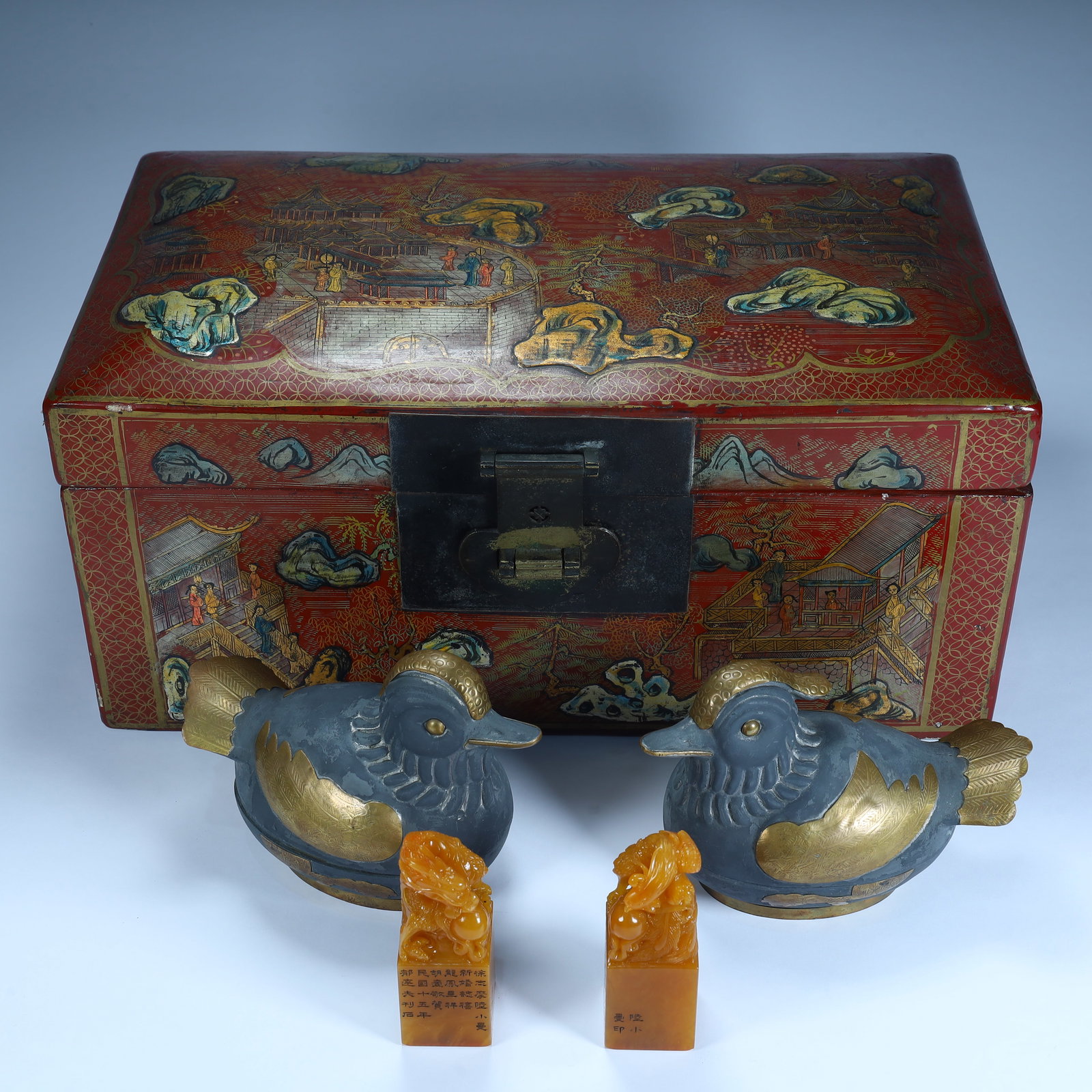 A combination of modern lacquerware box, copper gilt mandarin duck ornaments and modern Shoushan (1 of 20)