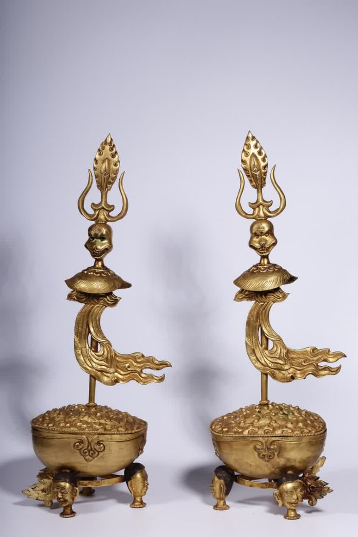A pair of Qing Dynasty copper gilt Gabala trident Tibetan donors (1 of 8)