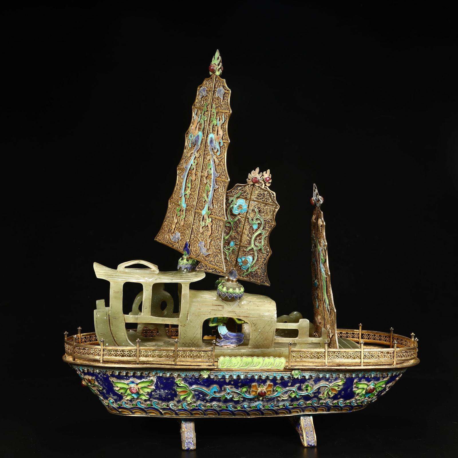 A Qing Dynasty silver-gilt silk burnt blue inlaid jade sailing ship ornament (1 of 17)