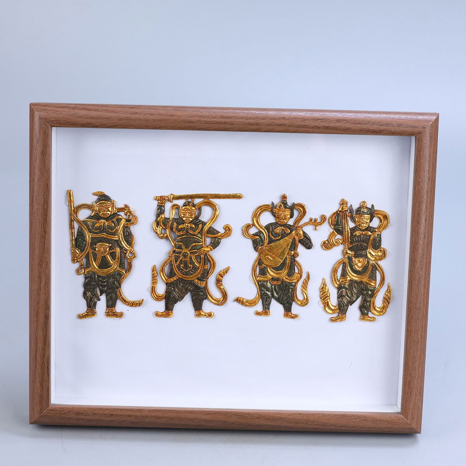 A set of Qing Dynasty partial gilt engravings of the four heavenly kings: The Qing Dynasty was partially gilded and engraved with the Four Heavenly Kings SIZE: Total W: 470g H: 22cm W: 27cm