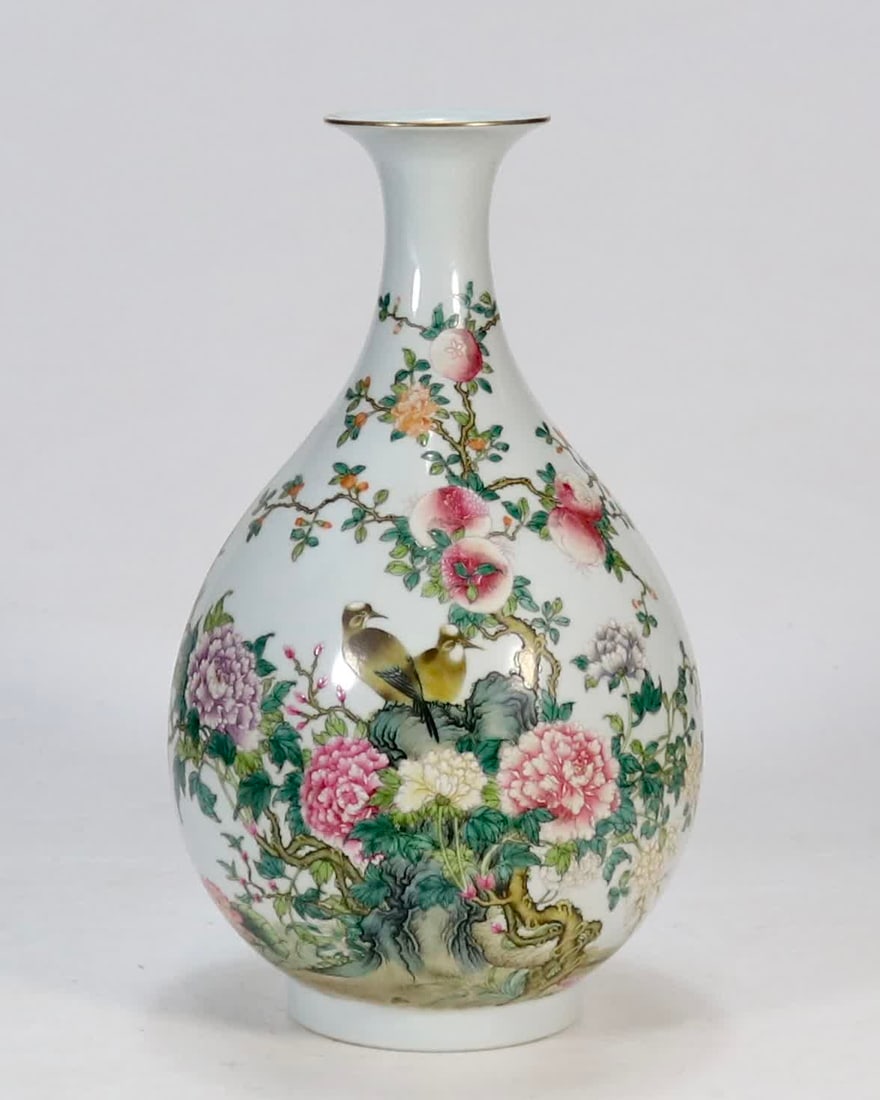 A jade pot spring vase made in the Qing Yongzheng era with enamel flower and bird patterns: Qing Yongzheng year enamel flower and bird pattern jade pot spring vase SIZE: H:34.5cm mouthD:8.3cm