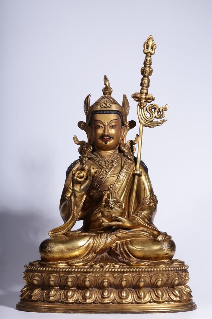 A seated statue of a copper-gilt golden lotus peanut in the Qing Dynasty: Qing Dynasty bronze gilt lotus peanut seated statue SIZE: H:38cm L:24.5cm W:17.5cm W:6.9kg