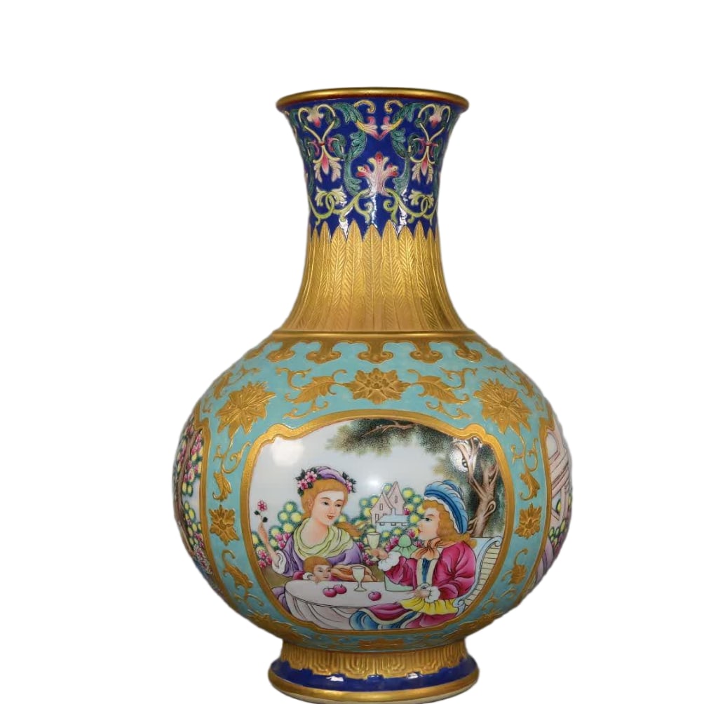 A piece of Qing Dynasty carved treasure flower entwined lotus pattern window enamel color Western: Qing Dynasty carved treasure flower entwined lotus pattern window enamel color Western figure picture bottle mouth enamel pattern entwined jade pot spring vase SIZE: H:40cm mouthD:13cm abdominalD:26cm