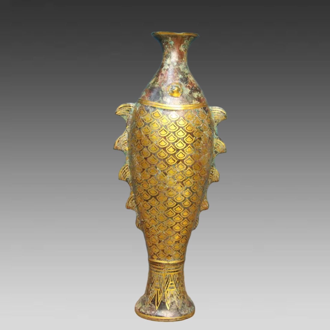 A Han Dynasty bronze - Cuojin inscription fish bottle: Han Dynasty bronze-Cuojin inscription fish bottle SIZE: L:14cm H:38.5cm W:1.7kg