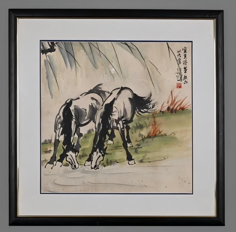 A picture of Xu Beihong's two horses drinking springs: Xu Beihong's picture of two horses drinking spring SIZE: Core 50x50cm Full frame 70x70cm