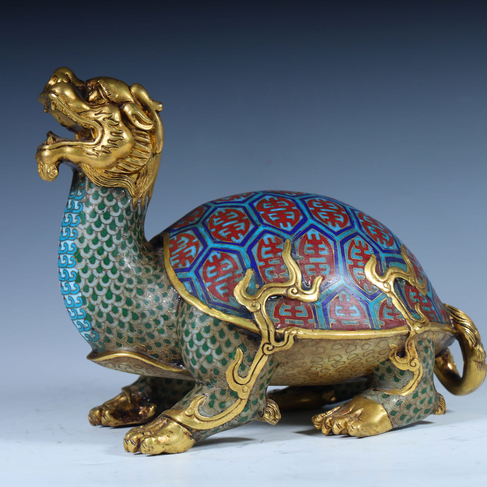 A Qing Dynasty copper-gilt cloisonné blue dragon turtle ornament (1 of 10)