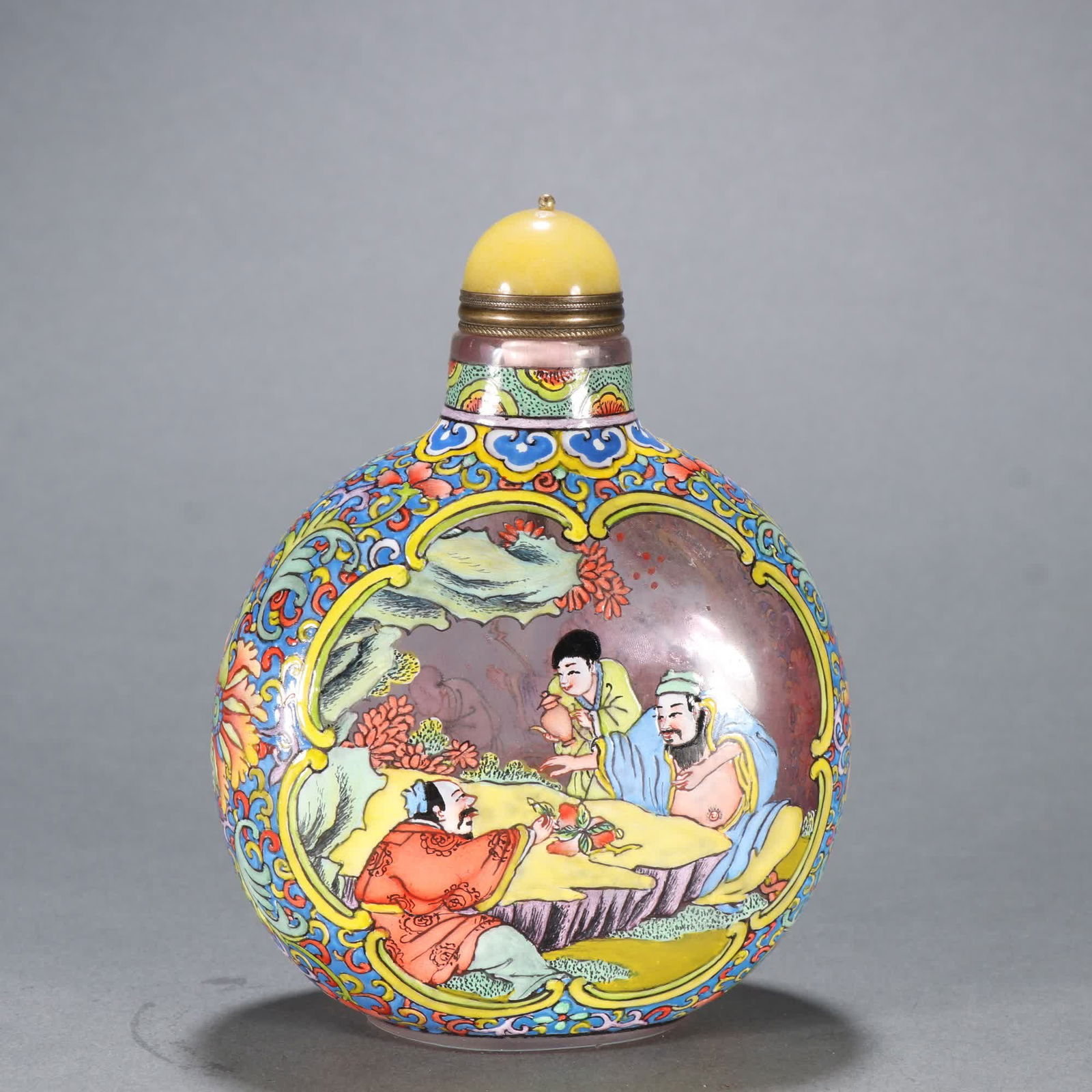 A piece of Qing Dynasty glazed painting enamel window opening character picture story snuff bottle: Qing Dynasty glass painting enamel window opening character picture story snuff bottle SIZE: H:13cm W:10cm W:414.9g