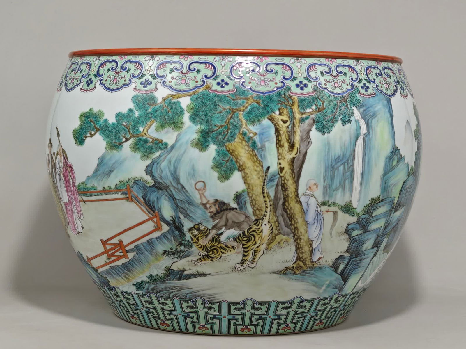 A Qing Qianlong pastel eighteen Arhat pattern calligraphy and painting jar: Qing Qianlong pastel eighteen Arhat pattern calligraphy and painting jar SIZE: H:31cm D:39.3cm