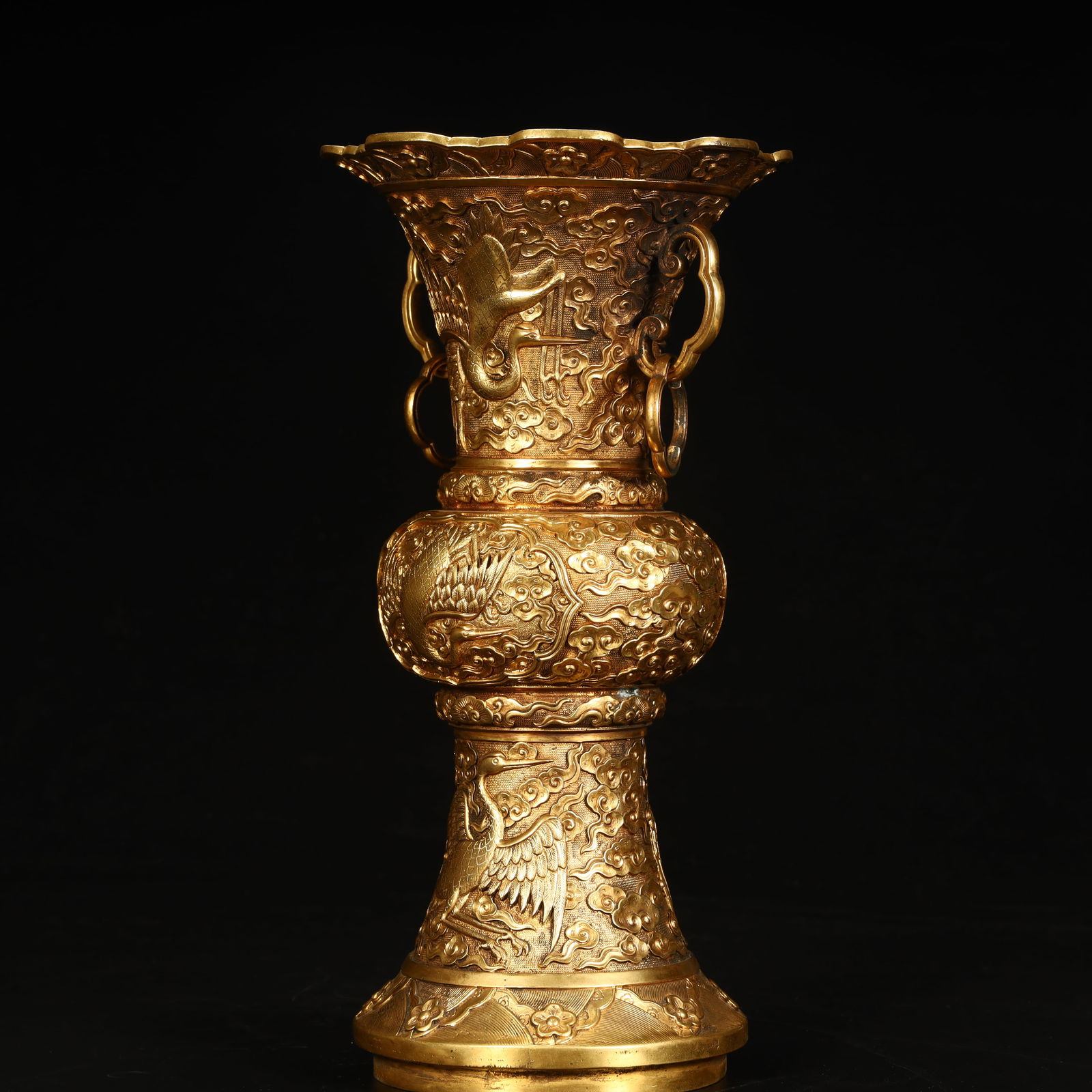 A Qing Dynasty copper-gilt cloud crane pattern amphora - 2