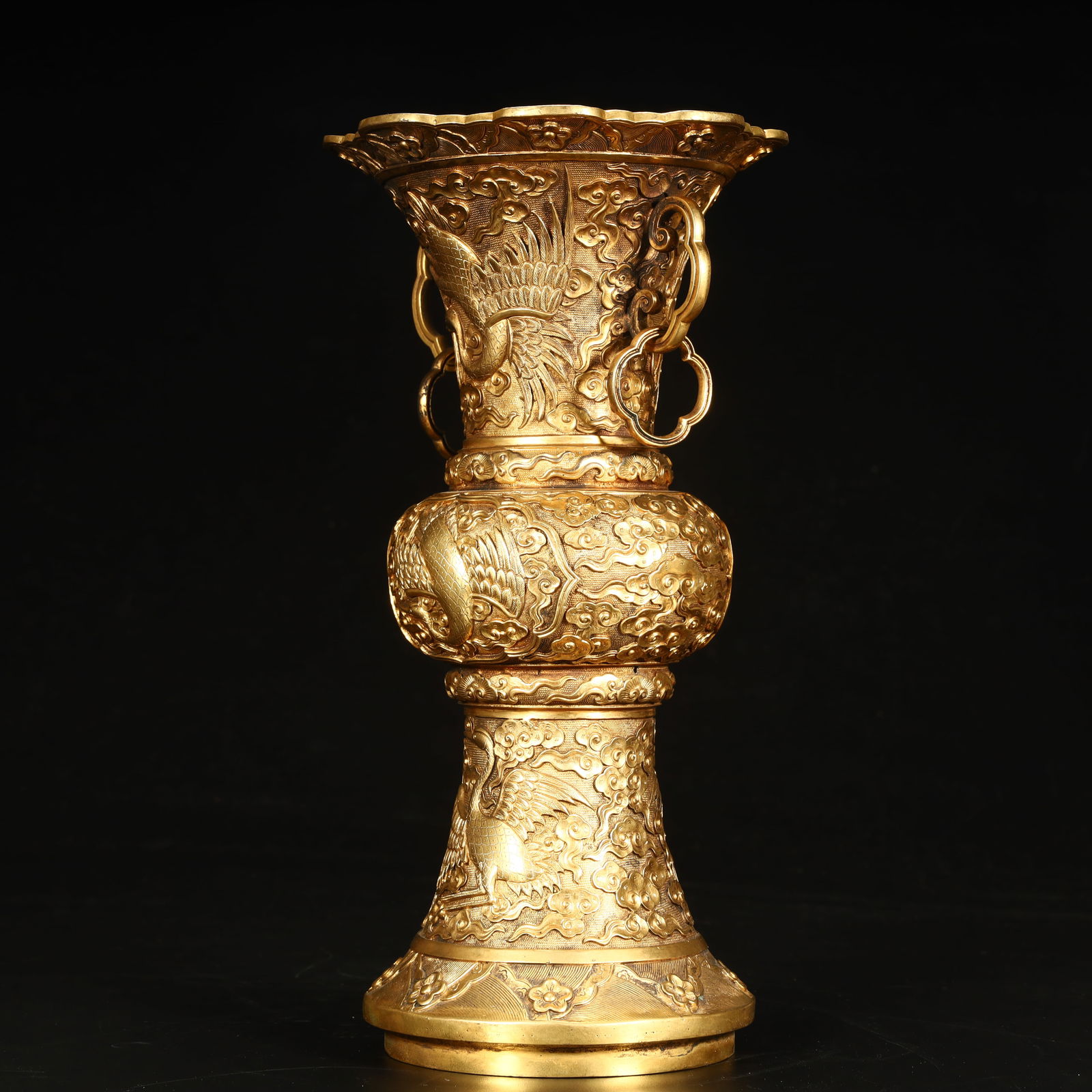 A Qing Dynasty copper-gilt cloud crane pattern amphora - 5