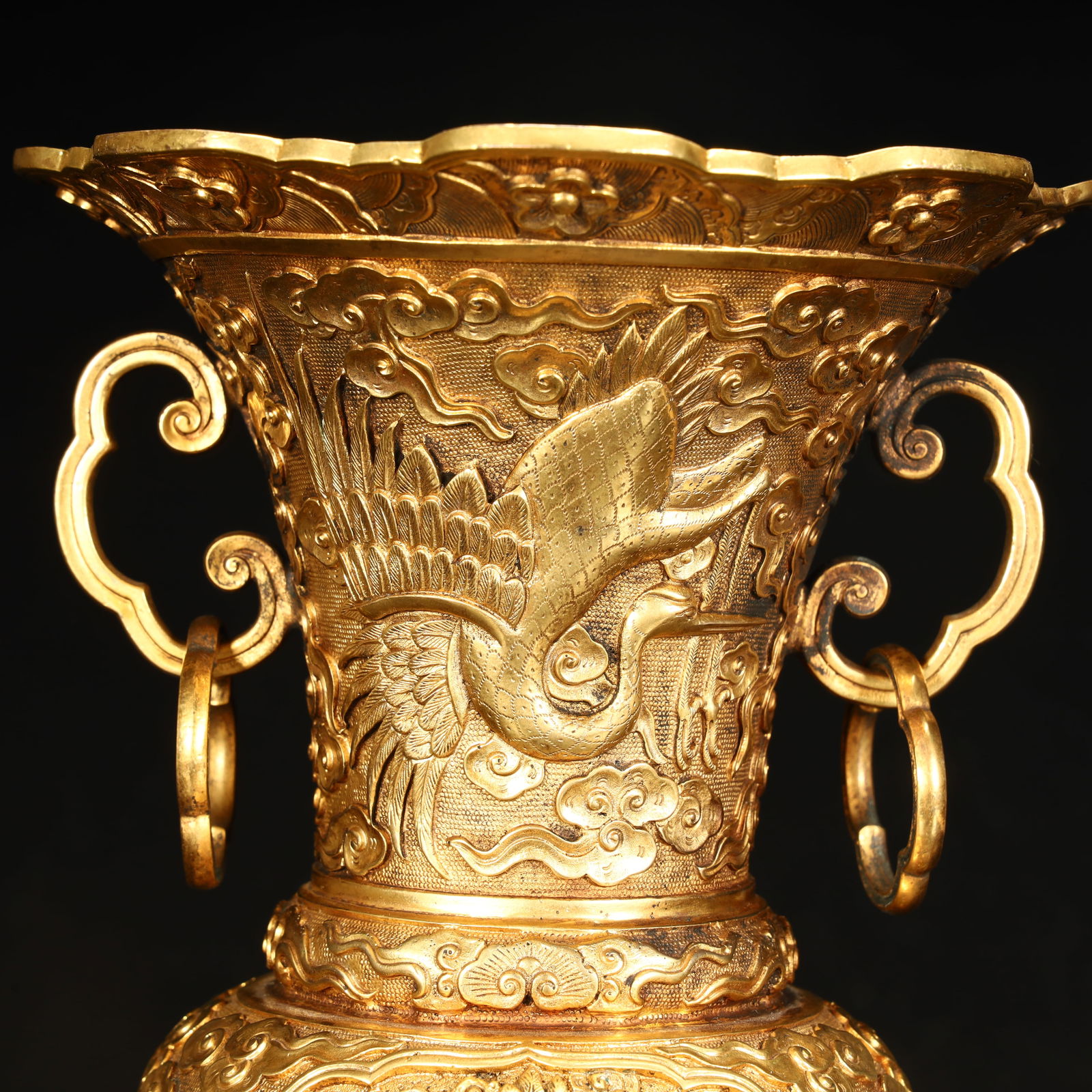A Qing Dynasty copper-gilt cloud crane pattern amphora - 9