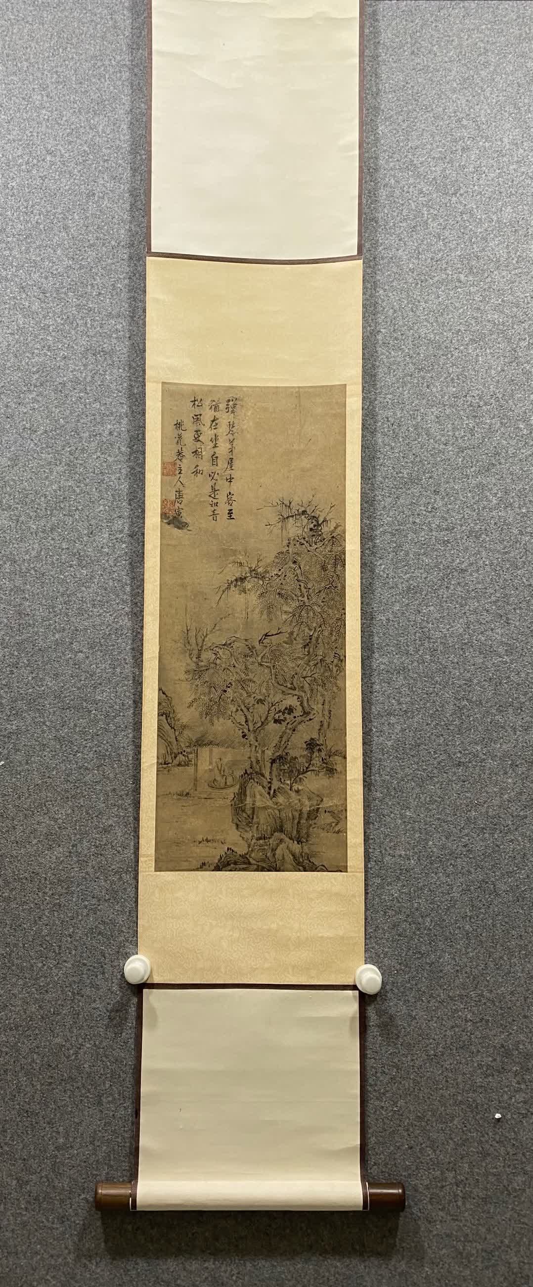 A landscape painting of Tang Yin: Tang Yin's landscape map SIZE: Core 62x24cm (vertical axis on paper)