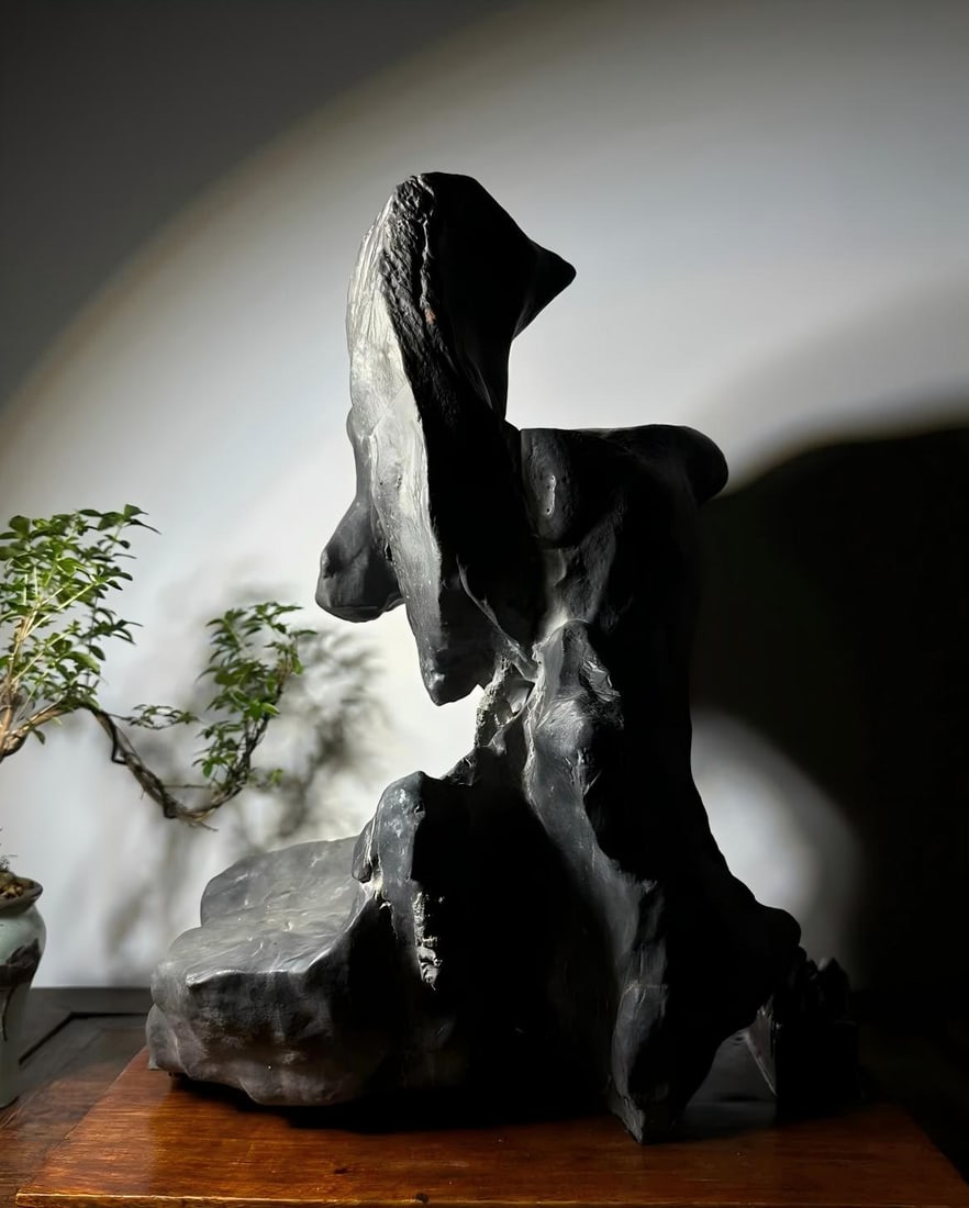 A Qing Dynasty Lingbi stone [Zen Heart Wangyue] study ornament: Qing Dynasty Lingbi stone [Zen Heart Wangyue] study ornament SIZE: H:52cm W: 40cm T:28cm