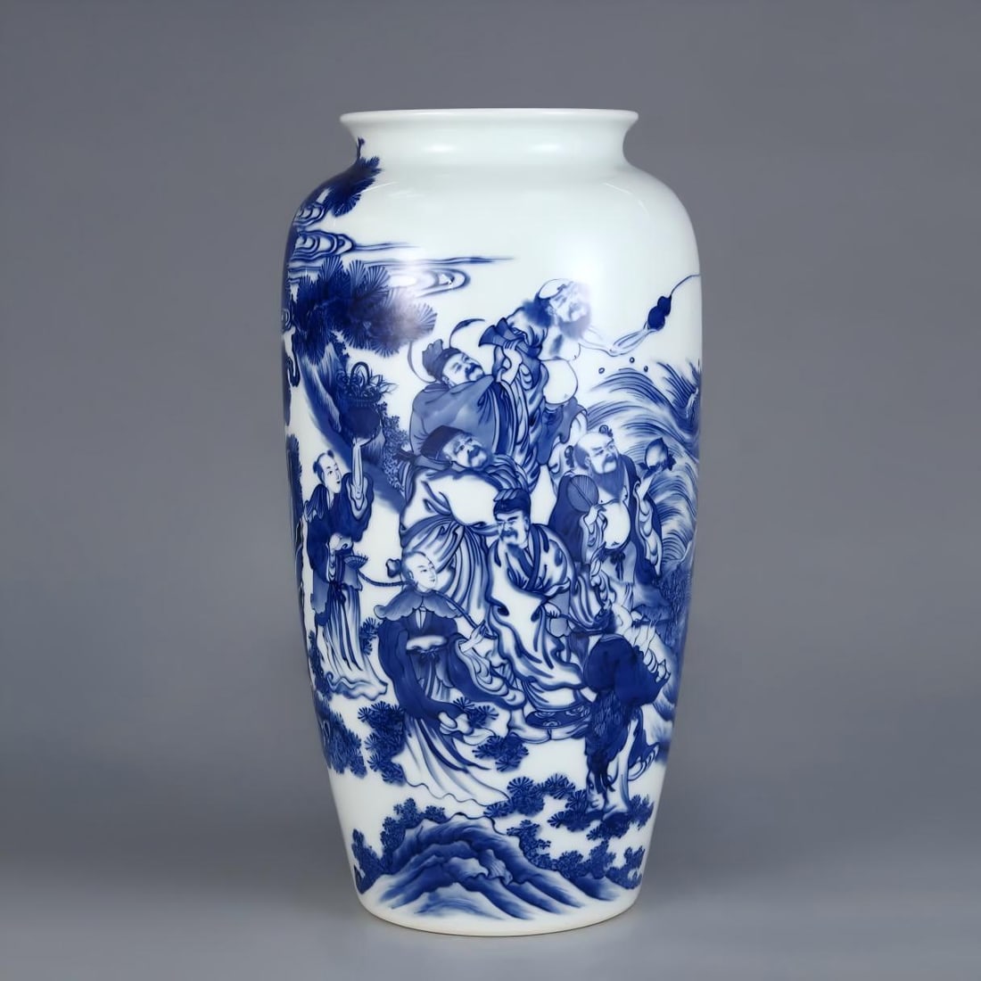 A Qing Yongzheng blue and white Fushan Shouhai Eight Immortals figure vase: Qing Yongzheng blue and white Fushan Shouhai Eight Immortals figure vase SIZE: H:31cm abdominalD:17cm mouthD:11.5cm