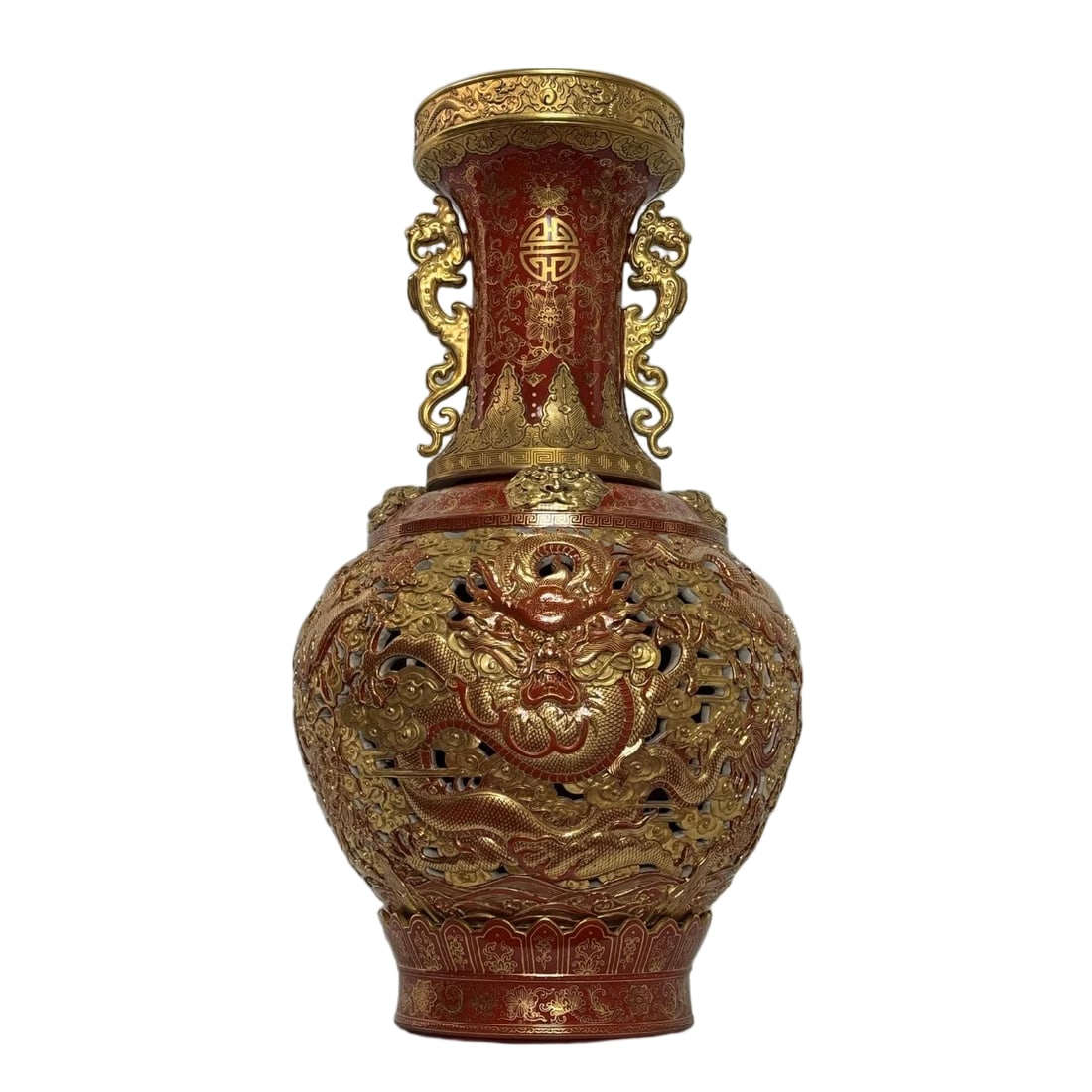 A piece of Qing Qianlong vanadium red gilded hollow five dragons, sea water, clouds, auxiliary (1 of 8)