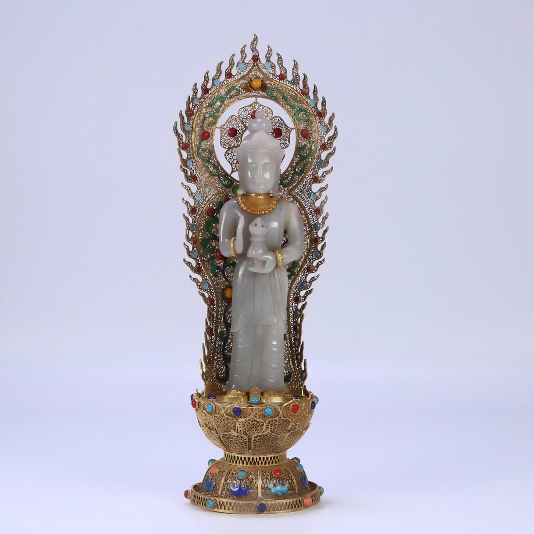 A silver gilt filigree baked blue and Tian jade standing Guanyin statue ruler: Silver gilt filigree baked blue and Tian jade standing Guanyin statue ruler SIZE: 32x11x9cm W:743.7g