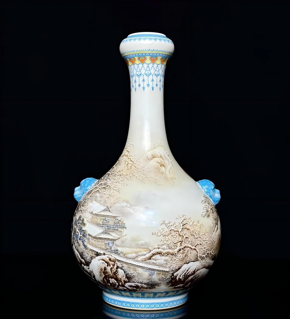 A piece of the Yongzheng year of the Qing Dynasty pile of colors, emerald pattern edges, auspicious: The Yongzheng Year of the Qing Dynasty is stacked with colors, the edge of the emerald pattern, the auspicious snow is a bountiful year, and the pavilion snow scene is inscribed with poems, lion ears