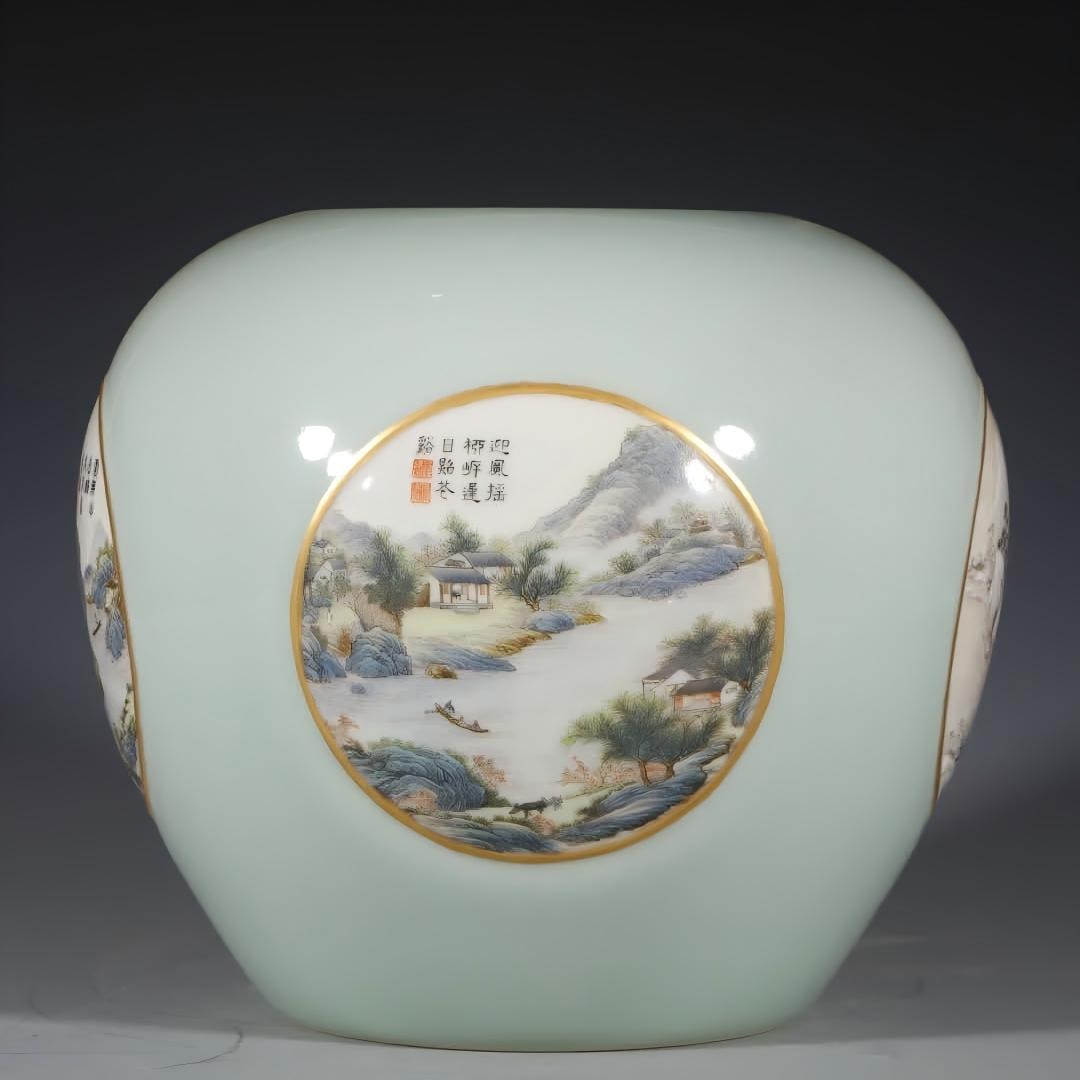 A piece of Qing Qianlong shadow green window landscape picture apple tank washing: Qing Qianlong shadow green window landscape picture apple jar washing SIZE: H: 21.5cm mouthD: 11.5cm Bottom diameter 14cm