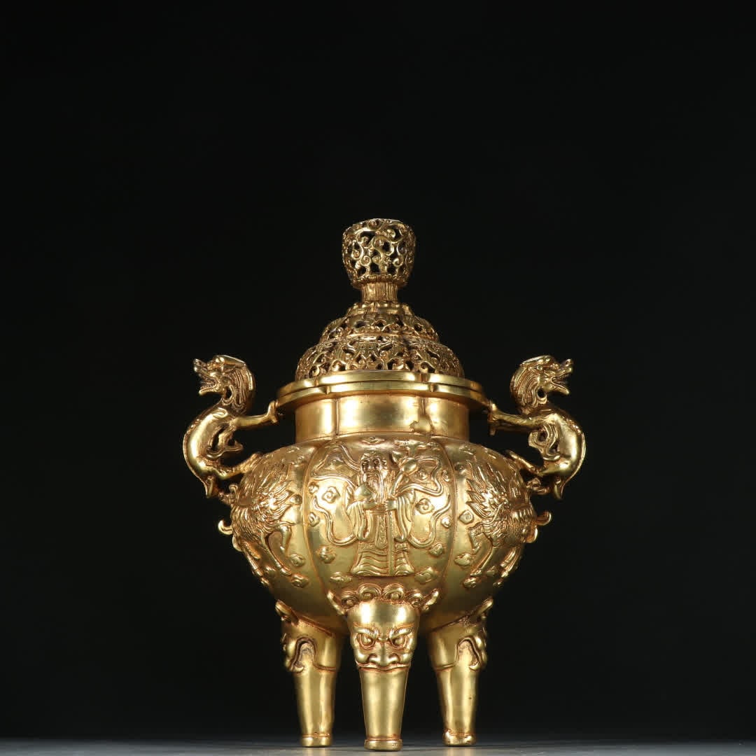 A Qing Dynasty copper-gilt amphorae three-legged aroma diffuser (1 of 9)