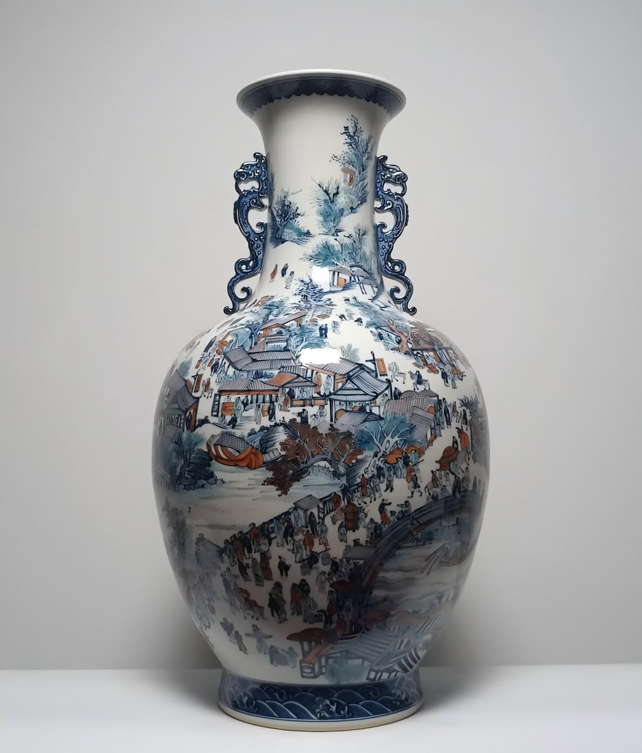 A Qing Qianlong model (supplementary picture) Doucai Gusu prosperity picture double dragon ear large: Qing Qianlong model (supplementary picture) Doucai Gusu prosperity picture double dragon ear large bottle SIZE: H:86cm W:47cm