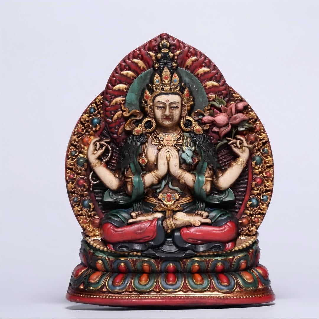A Qing Dynasty painted four-armed Guanyin rub: Qing Dynasty painted four-armed Guanyin rubbing SIZE: H:9.8cm L:8cm T:2.7cm W:234g