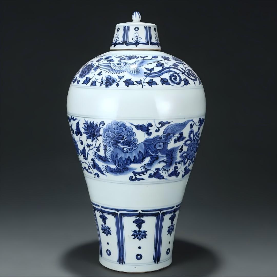 A Yuan Dynasty blue and white lion rolling hydrangea plum bottle (1 of 9)