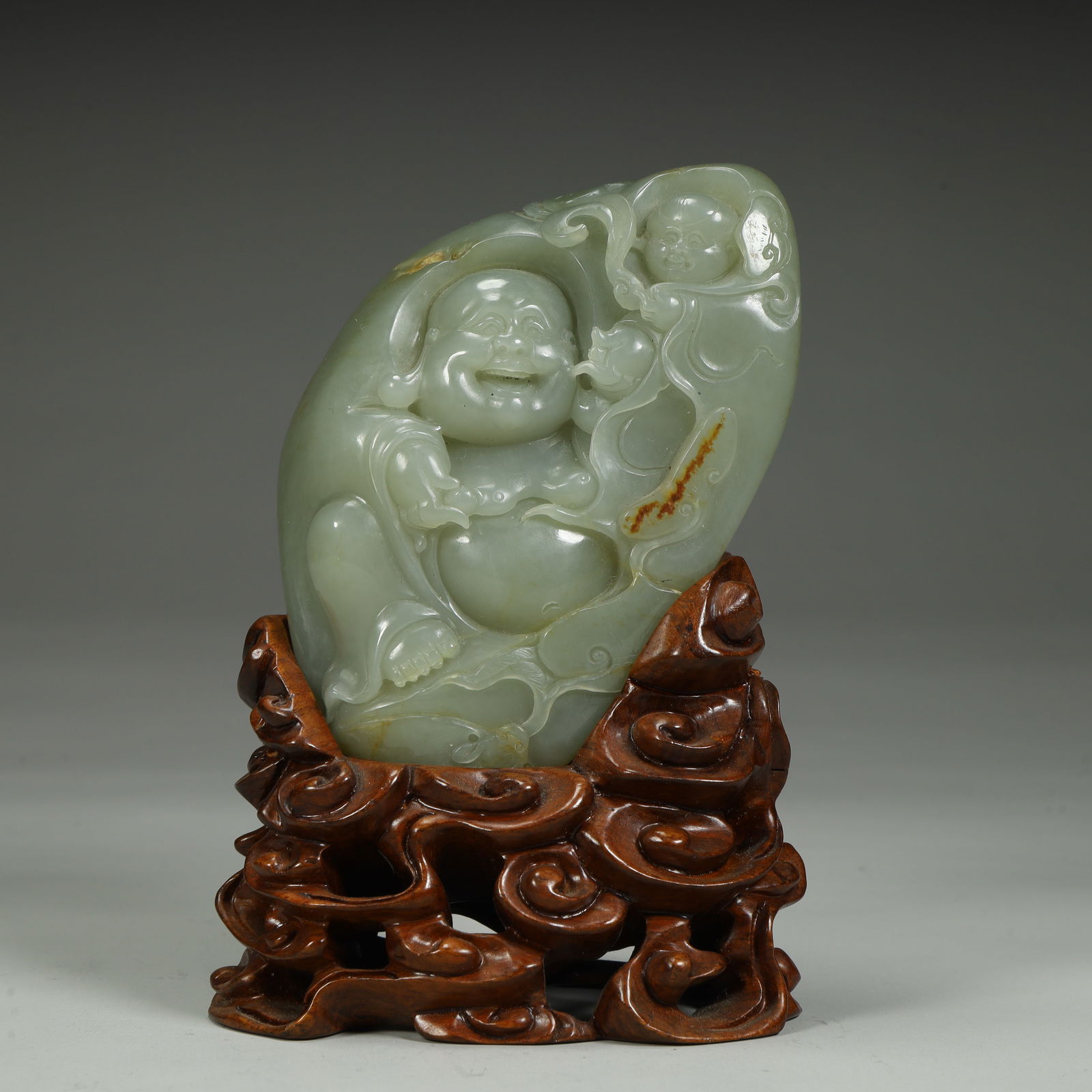 A Qing Dynasty Hetian green jade boy play Maitreya ornament: Qing Dynasty Hetian Qingyu Boy Opera Maitreya Ornament SIZE: H:13cm L:9cm W:5.5cm W:447g